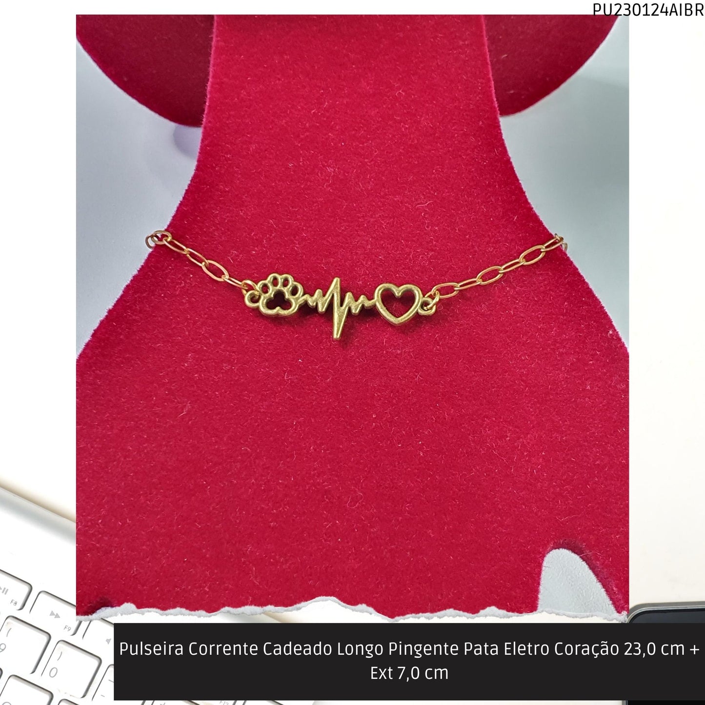 Pulseira Corrente Cadeado Longo Pingente Pata Eletro Coração 23.0 cm + Ext 7.0 cm  - Código.: PU230124AIBR  - Peso.: 2.8 gr