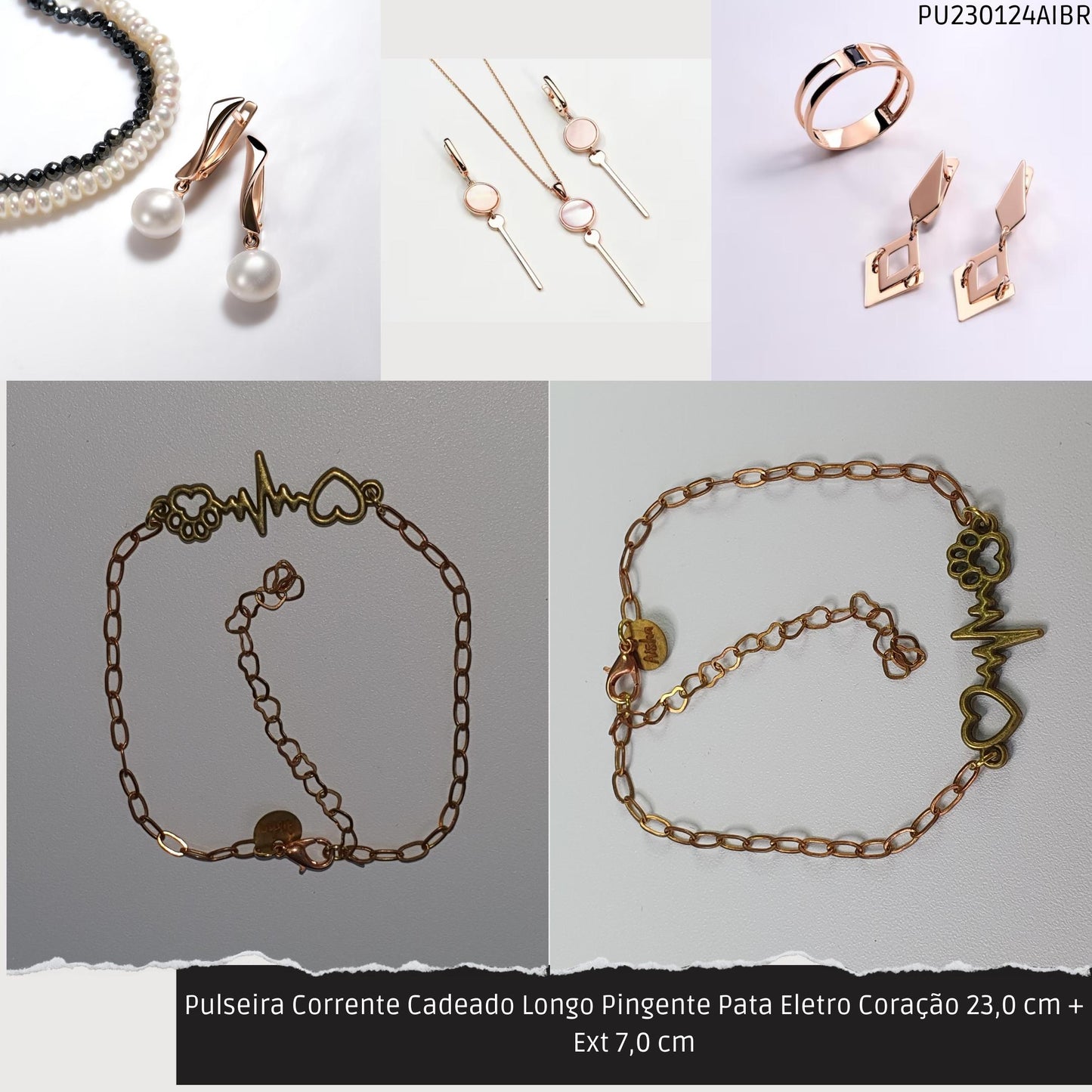 Pulseira Corrente Cadeado Longo Pingente Pata Eletro Coração 23.0 cm + Ext 7.0 cm  - Código.: PU230124AIBR  - Peso.: 2.8 gr