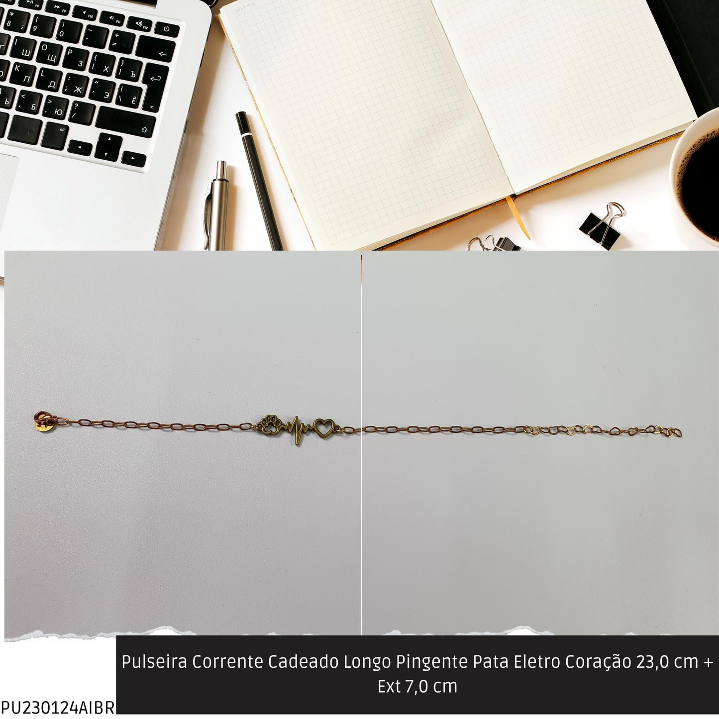 Pulseira Corrente Cadeado Longo Pingente Pata Eletro Coração 23.0 cm + Ext 7.0 cm  - Código.: PU230124AIBR  - Peso.: 2.8 gr