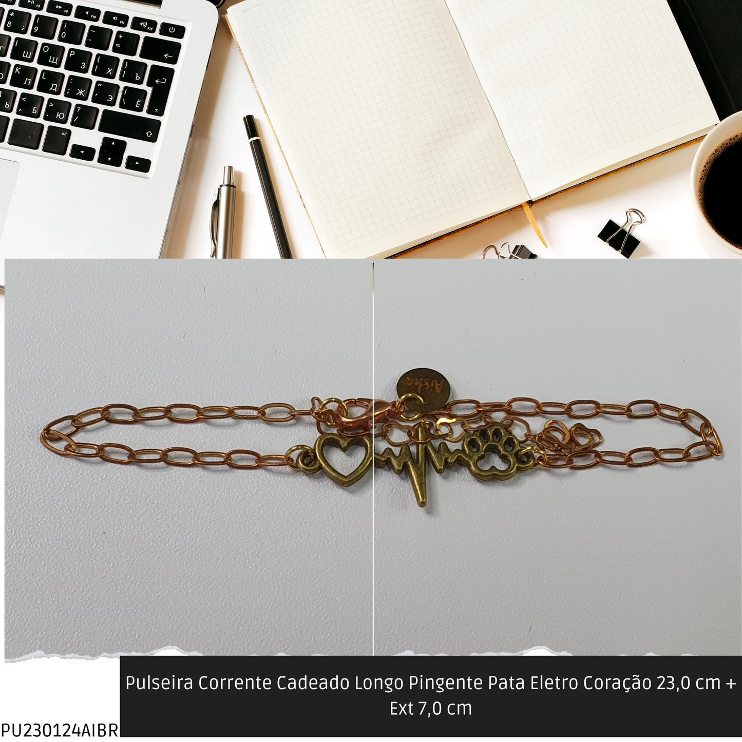 Pulseira Corrente Cadeado Longo Pingente Pata Eletro Coração 23.0 cm + Ext 7.0 cm  - Código.: PU230124AIBR  - Peso.: 2.8 gr