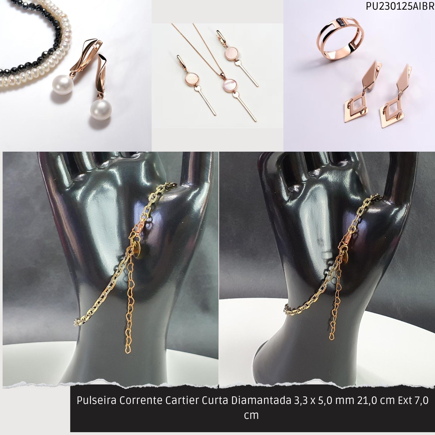 Pulseira Corrente Cartier Curta Diamantada 3.3 x 5.0 mm 21.0 cm Ext 7.0 cm   - Código.: PU230125AIBR  - Peso.: 4.6 gr