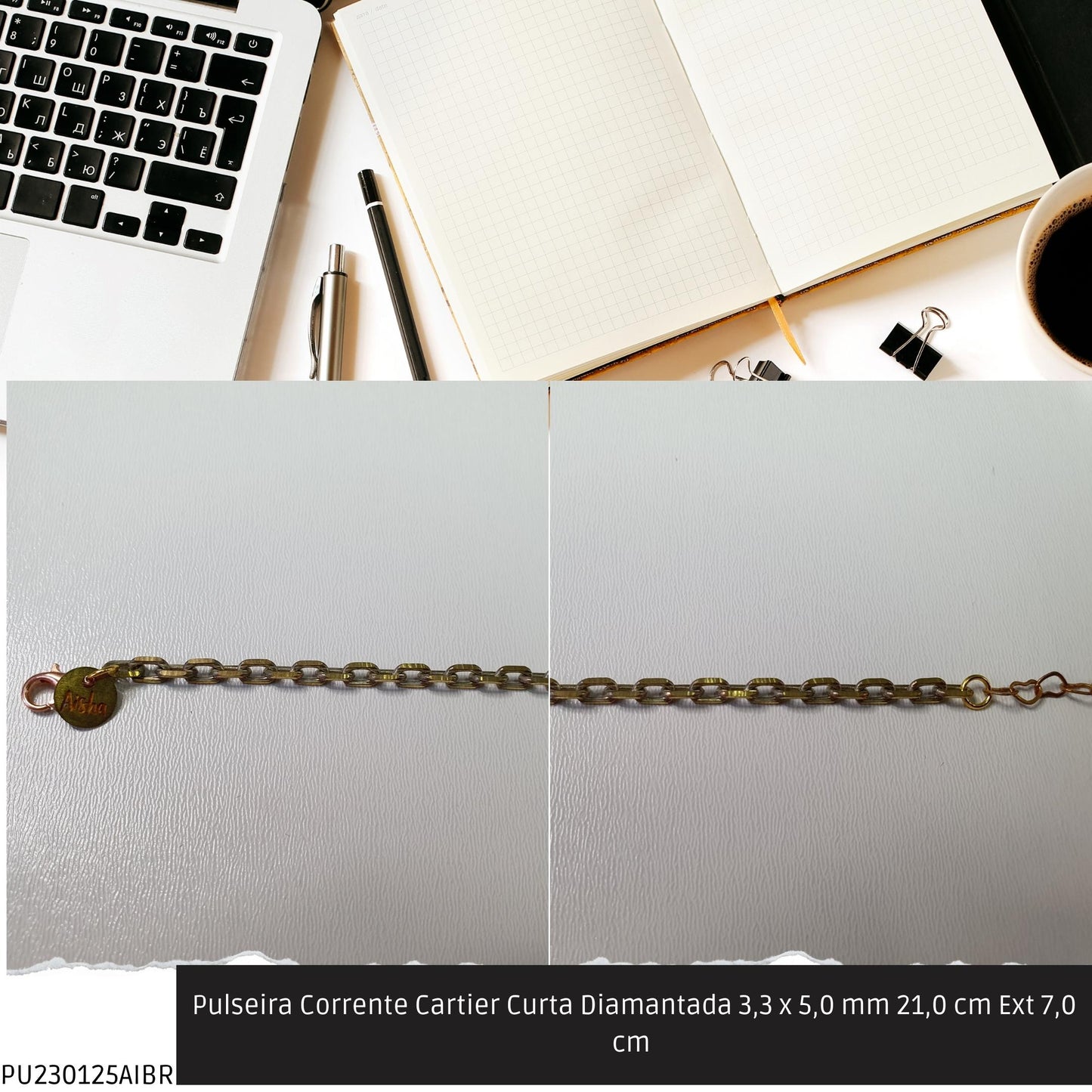 Pulseira Corrente Cartier Curta Diamantada 3.3 x 5.0 mm 21.0 cm Ext 7.0 cm   - Código.: PU230125AIBR  - Peso.: 4.6 gr
