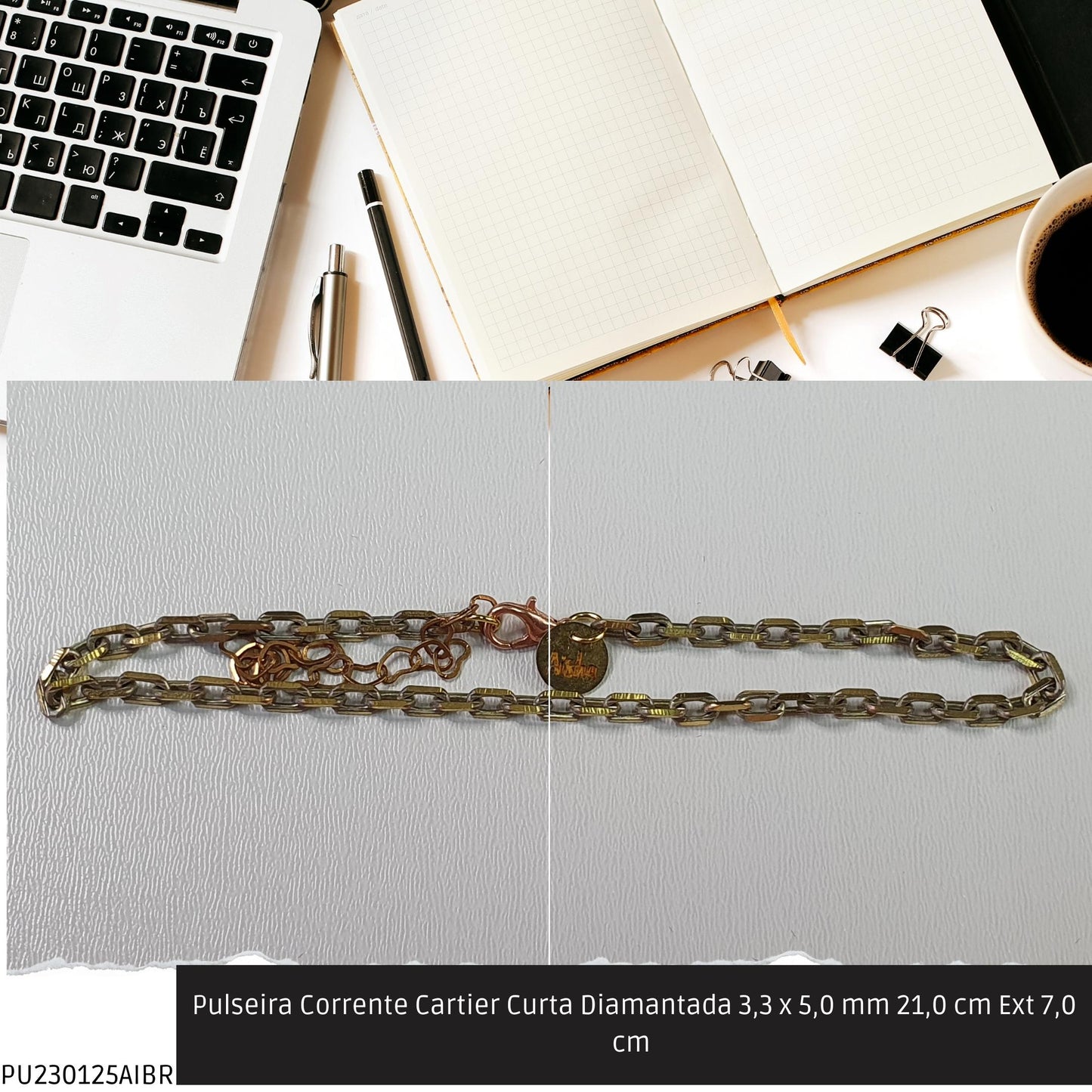 Pulseira Corrente Cartier Curta Diamantada 3.3 x 5.0 mm 21.0 cm Ext 7.0 cm   - Código.: PU230125AIBR  - Peso.: 4.6 gr