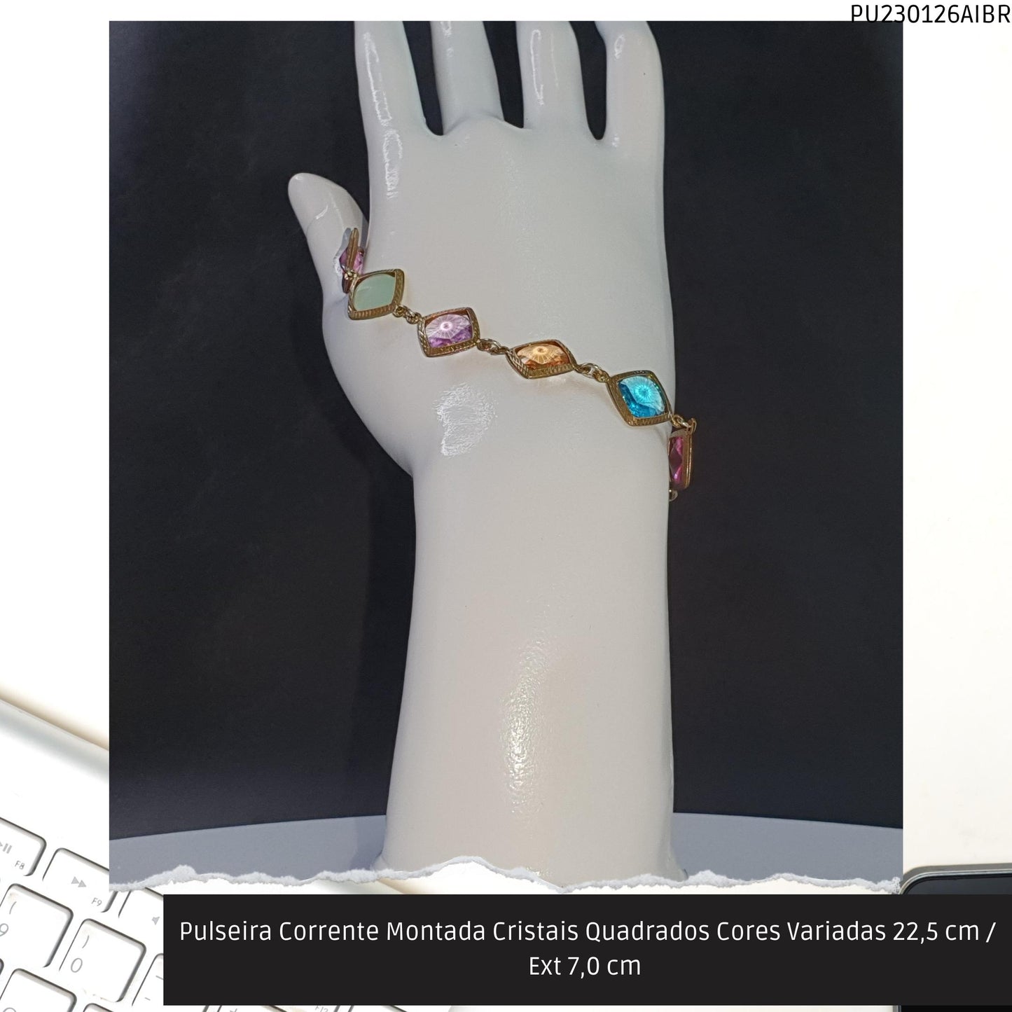 Pulseira Corrente Montada Cristais Quadrados Cores Variadas 22.5 cm / Ext 7.0 cm   - Código.: PU230126AIBR  - Peso.: 7.5 gr