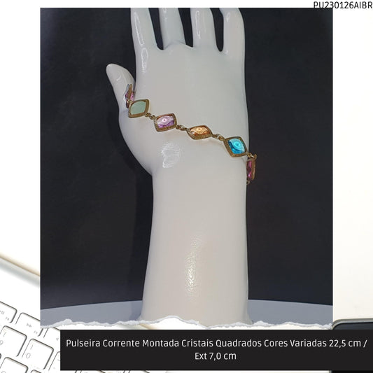 Pulseira Corrente Montada Cristais Quadrados Cores Variadas 22.5 cm / Ext 7.0 cm   - Código.: PU230126AIBR  - Peso.: 7.5 gr