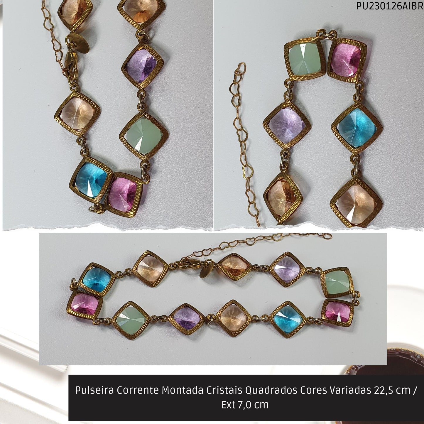 Pulseira Corrente Montada Cristais Quadrados Cores Variadas 22.5 cm / Ext 7.0 cm   - Código.: PU230126AIBR  - Peso.: 7.5 gr