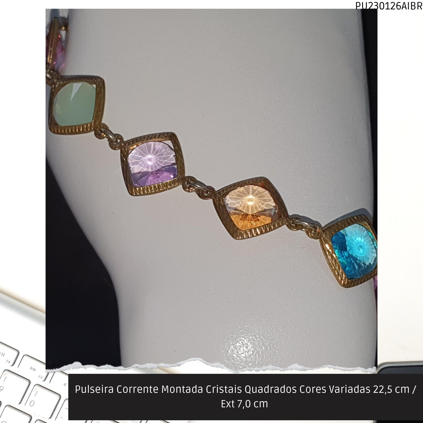 Pulseira Corrente Montada Cristais Quadrados Cores Variadas 22.5 cm / Ext 7.0 cm   - Código.: PU230126AIBR  - Peso.: 7.5 gr