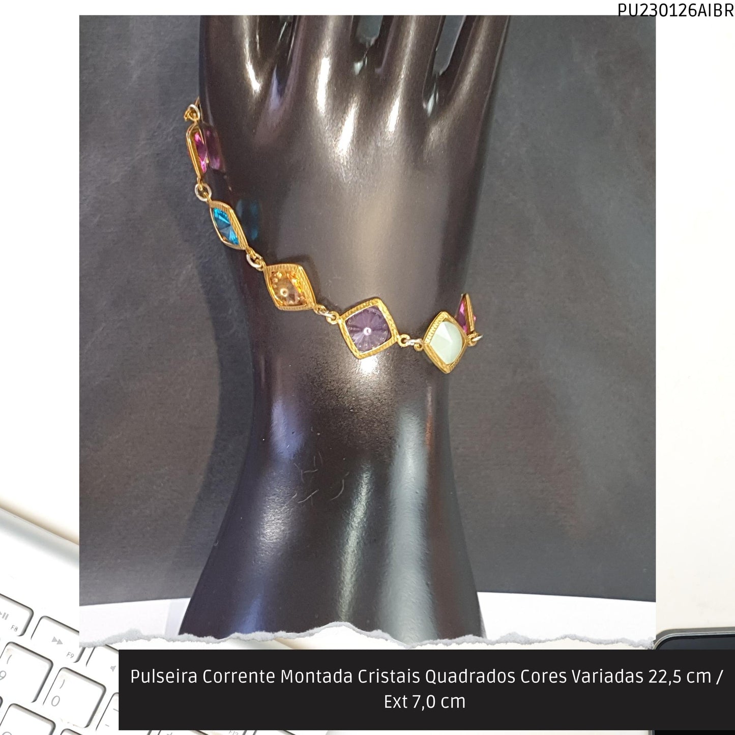 Pulseira Corrente Montada Cristais Quadrados Cores Variadas 22.5 cm / Ext 7.0 cm   - Código.: PU230126AIBR  - Peso.: 7.5 gr