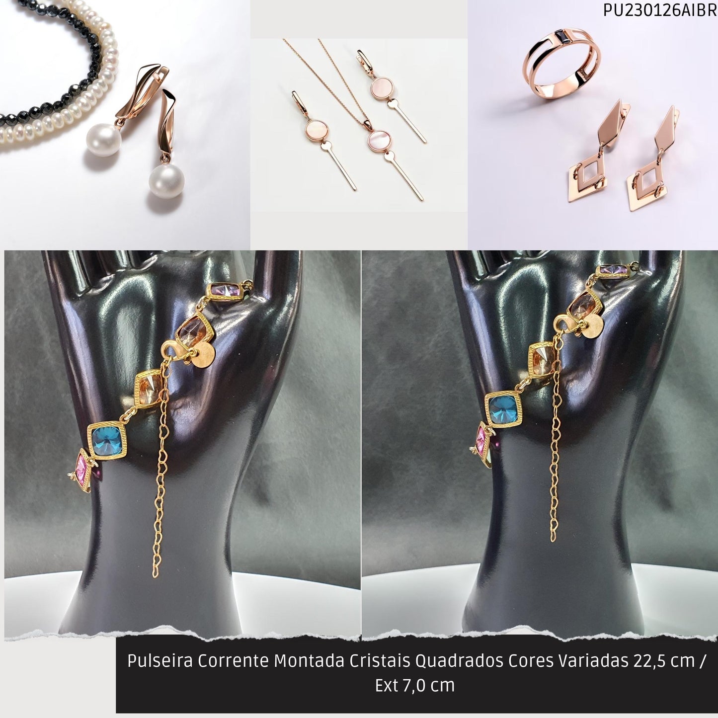 Pulseira Corrente Montada Cristais Quadrados Cores Variadas 22.5 cm / Ext 7.0 cm   - Código.: PU230126AIBR  - Peso.: 7.5 gr