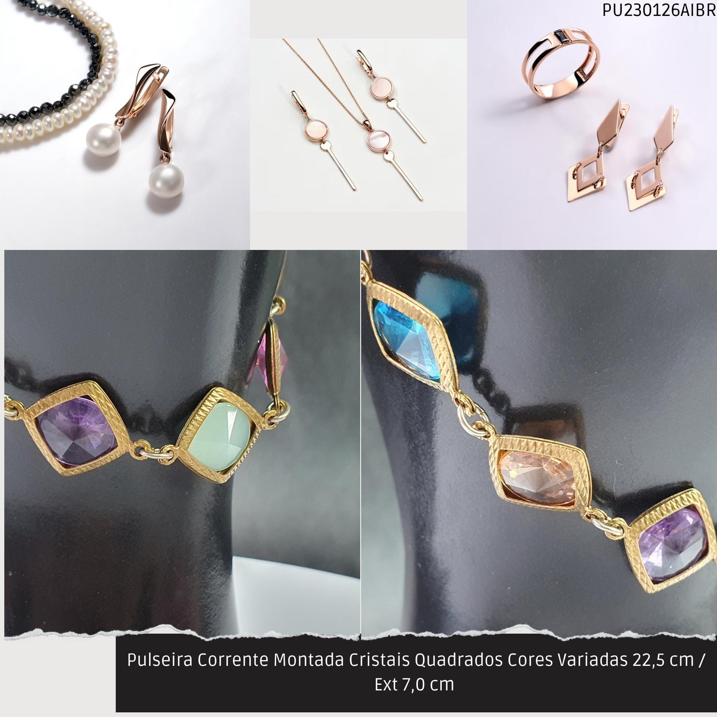 Pulseira Corrente Montada Cristais Quadrados Cores Variadas 22.5 cm / Ext 7.0 cm   - Código.: PU230126AIBR  - Peso.: 7.5 gr