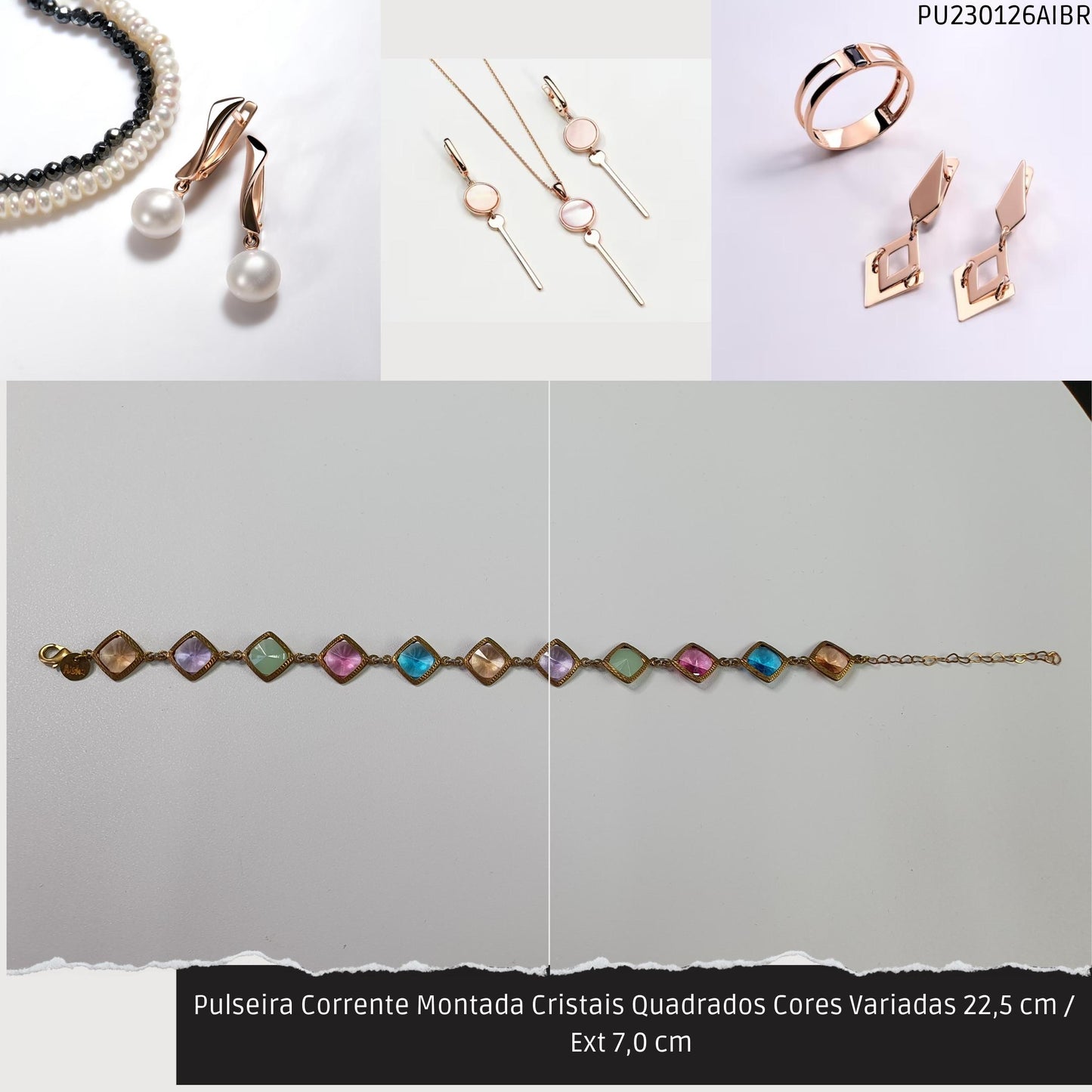 Pulseira Corrente Montada Cristais Quadrados Cores Variadas 22.5 cm / Ext 7.0 cm   - Código.: PU230126AIBR  - Peso.: 7.5 gr