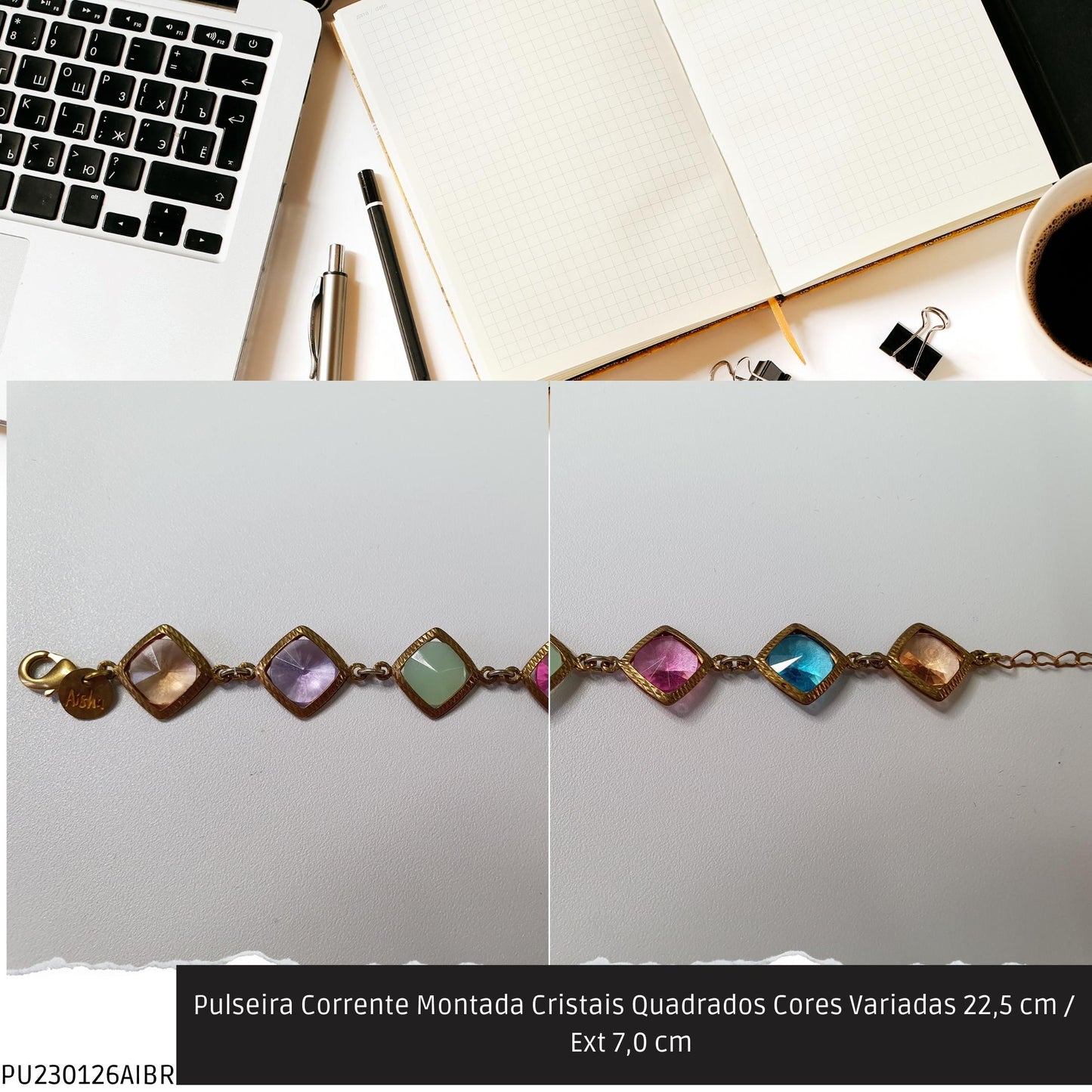 Pulseira Corrente Montada Cristais Quadrados Cores Variadas 22.5 cm / Ext 7.0 cm   - Código.: PU230126AIBR  - Peso.: 7.5 gr