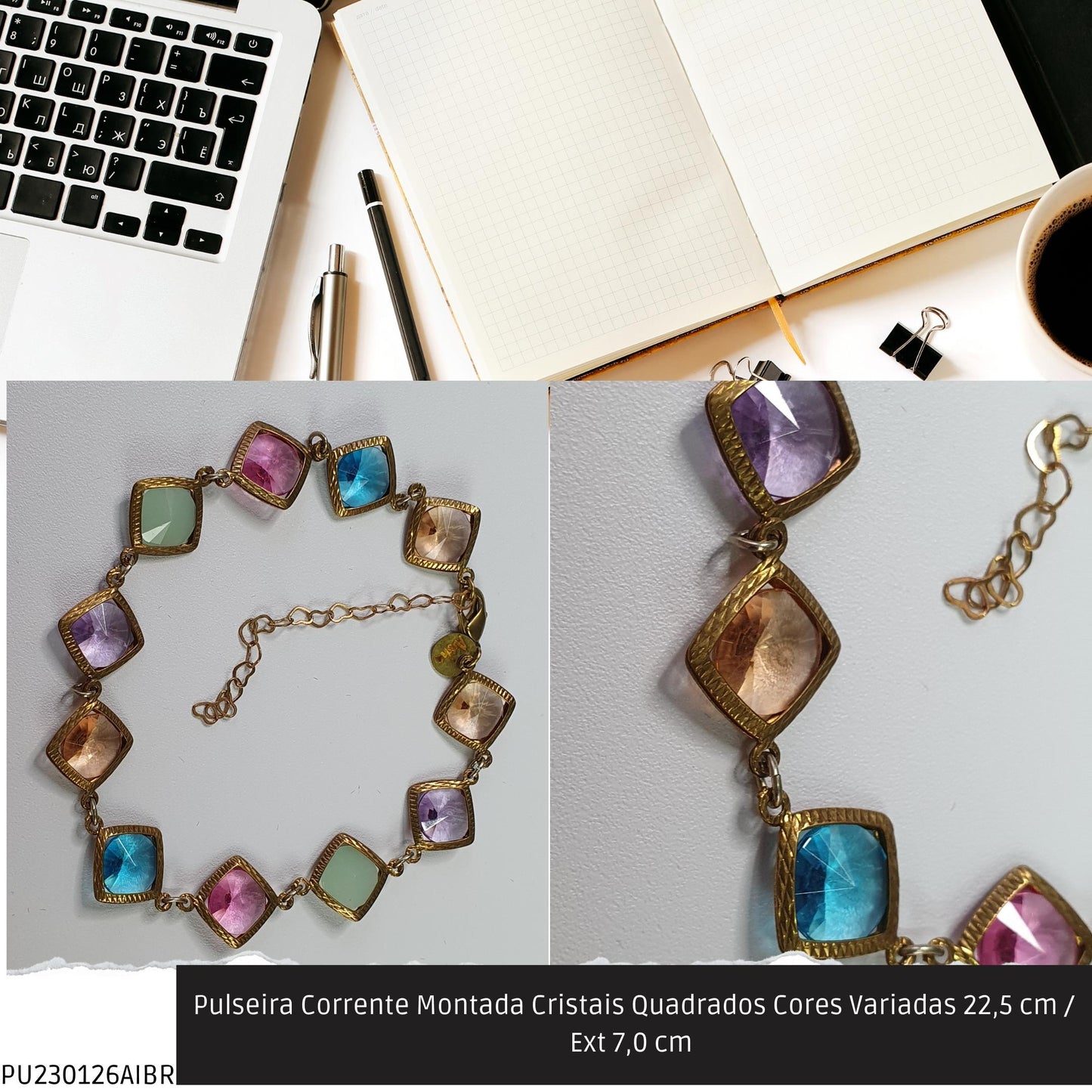 Pulseira Corrente Montada Cristais Quadrados Cores Variadas 22.5 cm / Ext 7.0 cm   - Código.: PU230126AIBR  - Peso.: 7.5 gr