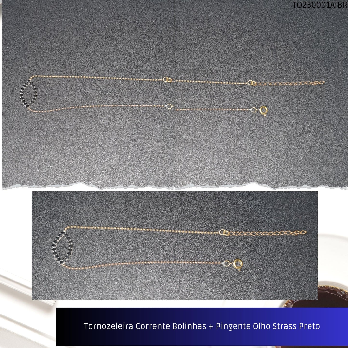 Tornozeleira Corrente Bolinhas + Pingente Olho Strass Preto  - Código.: TO230001AIBR  - Peso.: 2.9 gr