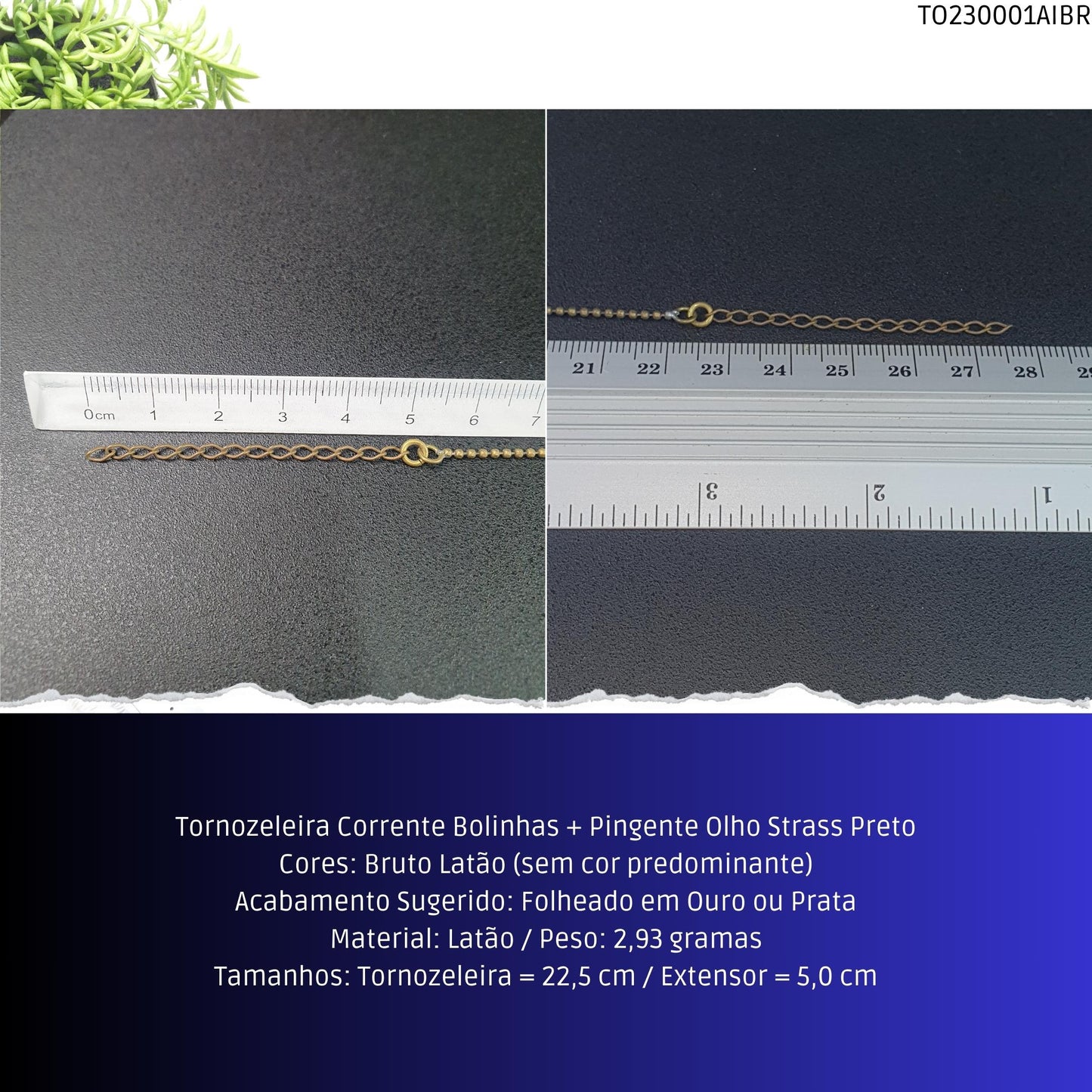 Tornozeleira Corrente Bolinhas + Pingente Olho Strass Preto  - Código.: TO230001AIBR  - Peso.: 2.9 gr