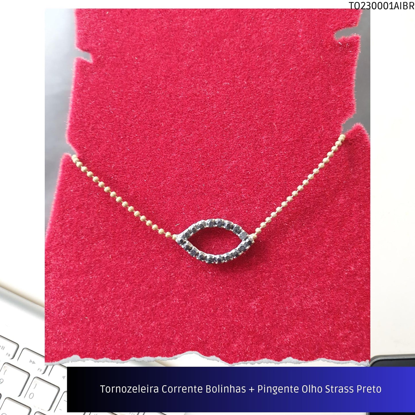 Tornozeleira Corrente Bolinhas + Pingente Olho Strass Preto  - Código.: TO230001AIBR  - Peso.: 2.9 gr