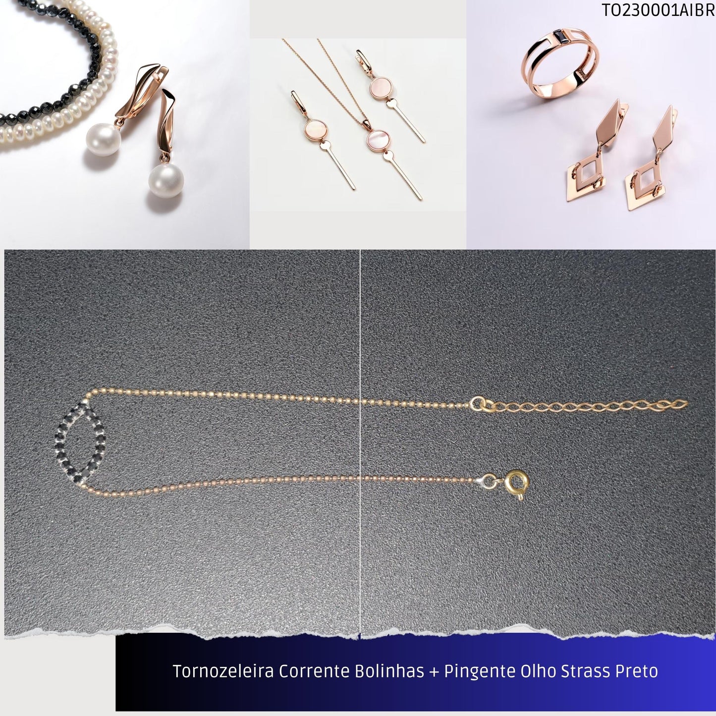 Tornozeleira Corrente Bolinhas + Pingente Olho Strass Preto  - Código.: TO230001AIBR  - Peso.: 2.9 gr
