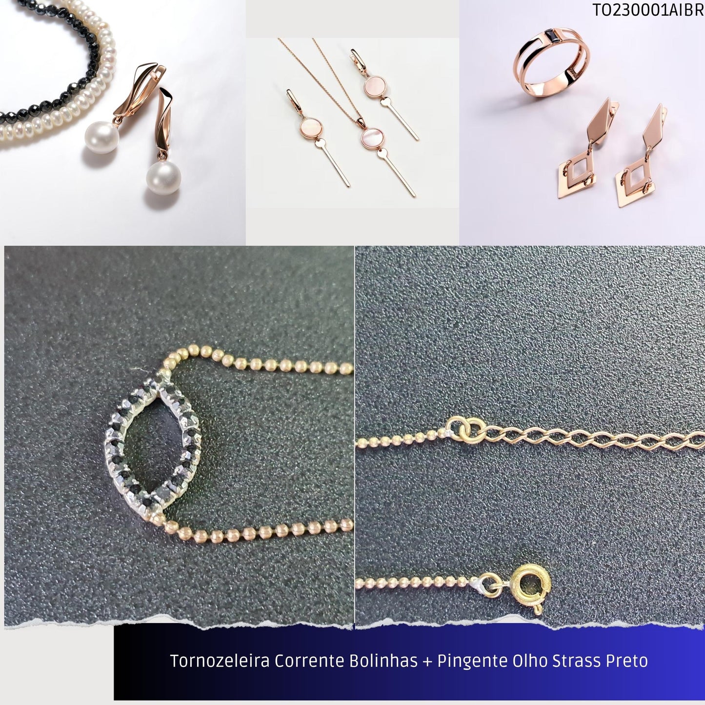Tornozeleira Corrente Bolinhas + Pingente Olho Strass Preto  - Código.: TO230001AIBR  - Peso.: 2.9 gr