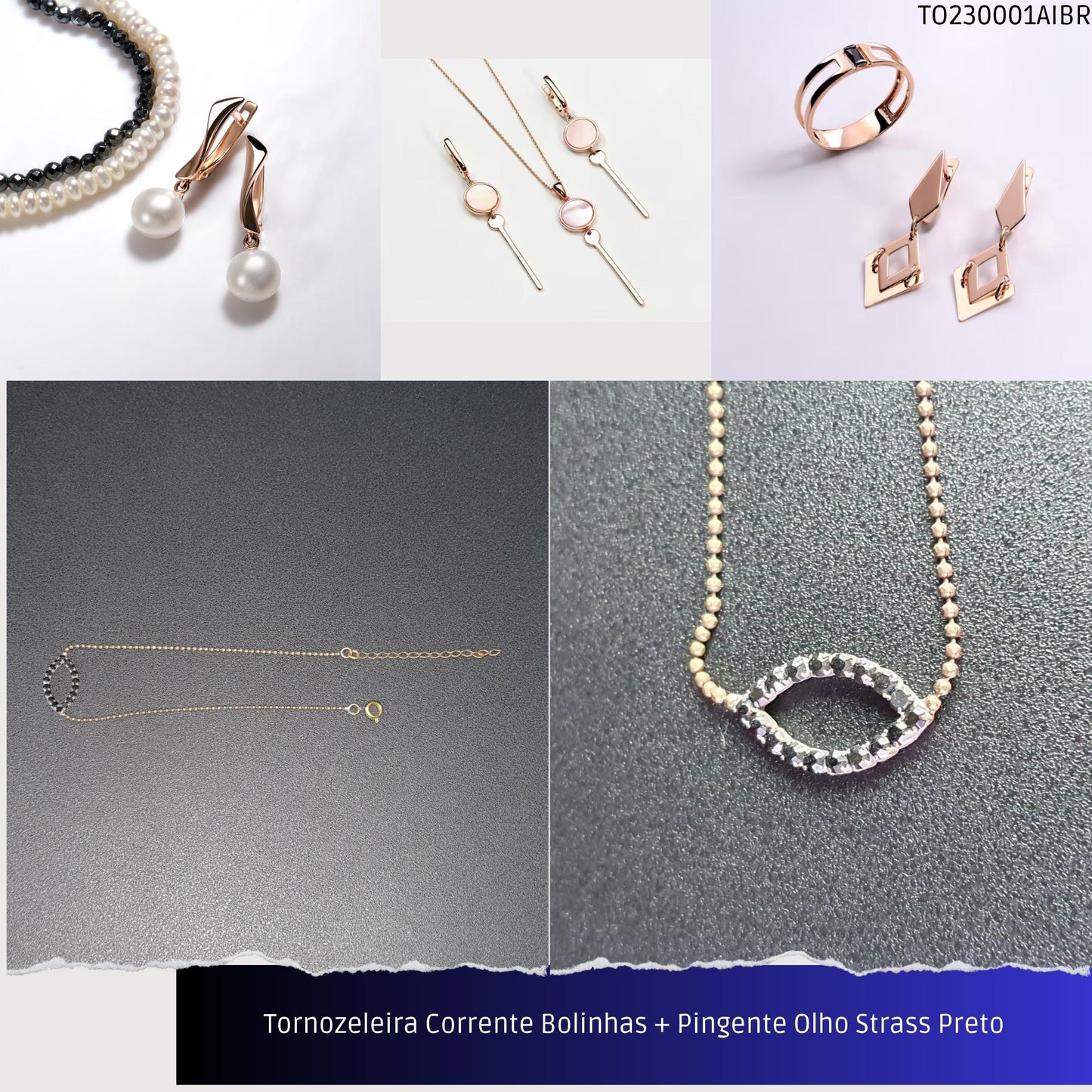Tornozeleira Corrente Bolinhas + Pingente Olho Strass Preto  - Código.: TO230001AIBR  - Peso.: 2.9 gr