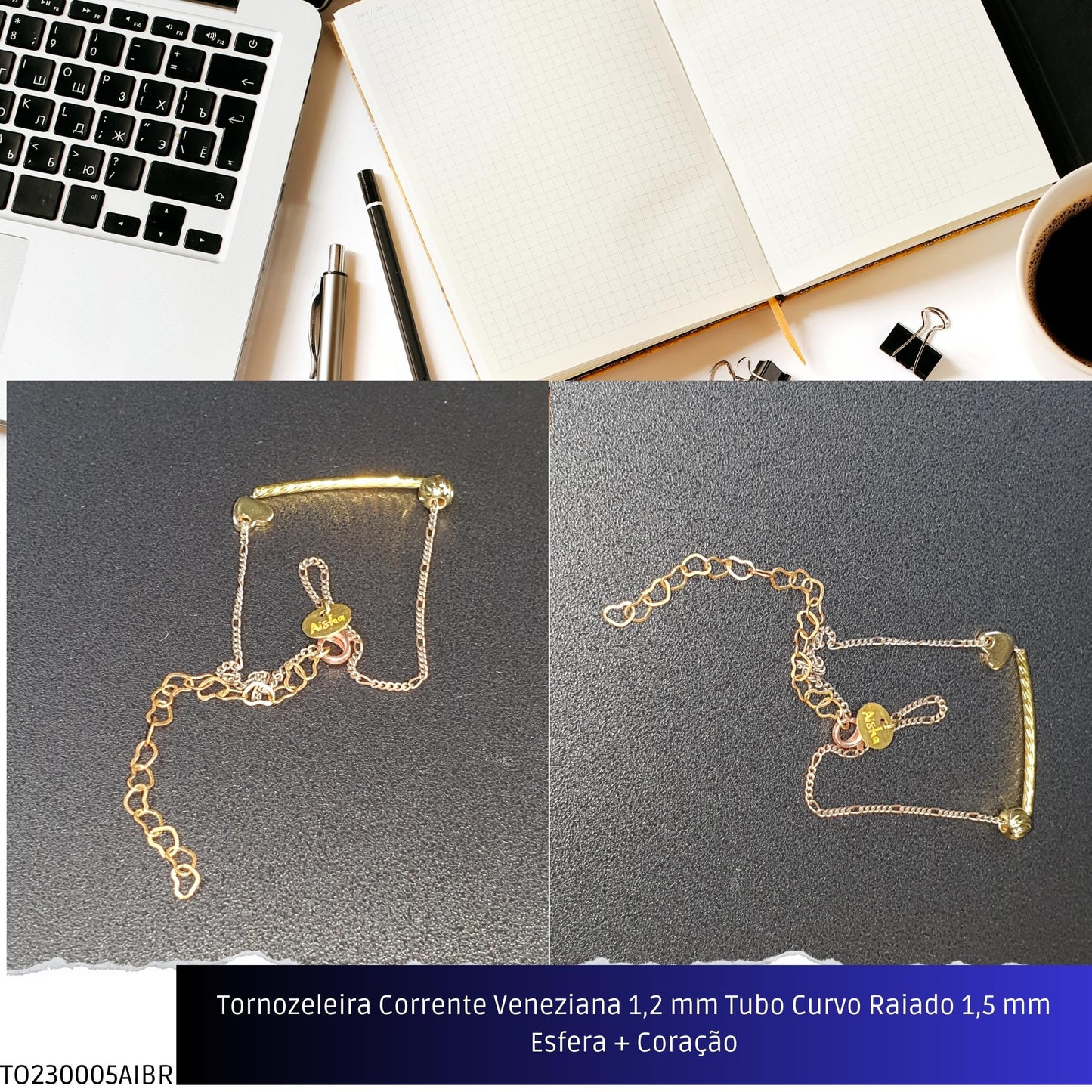 Tornozeleira Corrente Veneziana 1.2 mm Tubo Curvo Raiado 1.5 mm Esfera + Coração  - Código.: TO230005AIBR  - Peso.: 2.5 gr