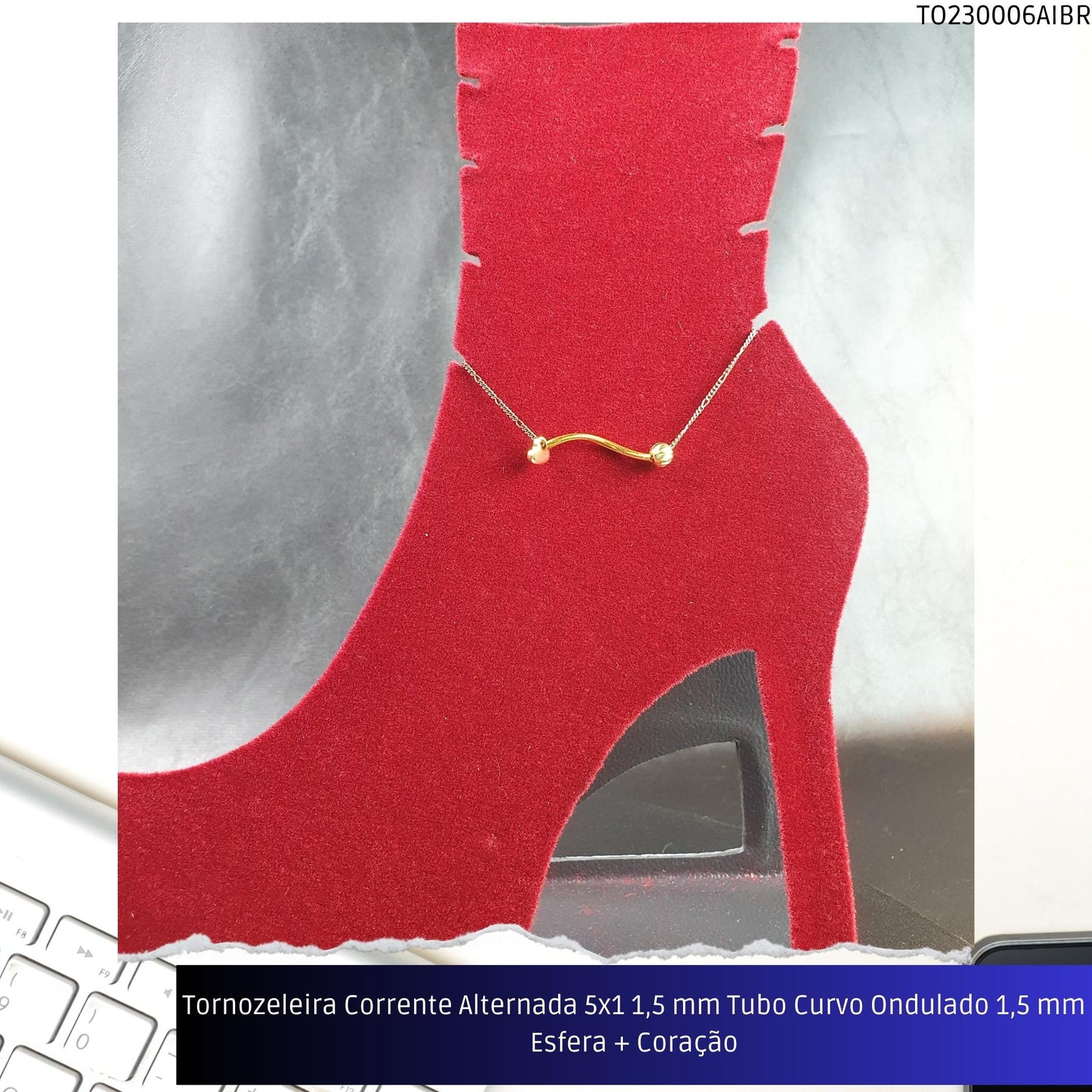 Tornozeleira Corrente Alternada 5x1 1.5 mm Tubo Curvo Ondulado 1.5 mm Esfera + Coração  - Código.: TO230006AIBR  - Peso.: 2.6 gr