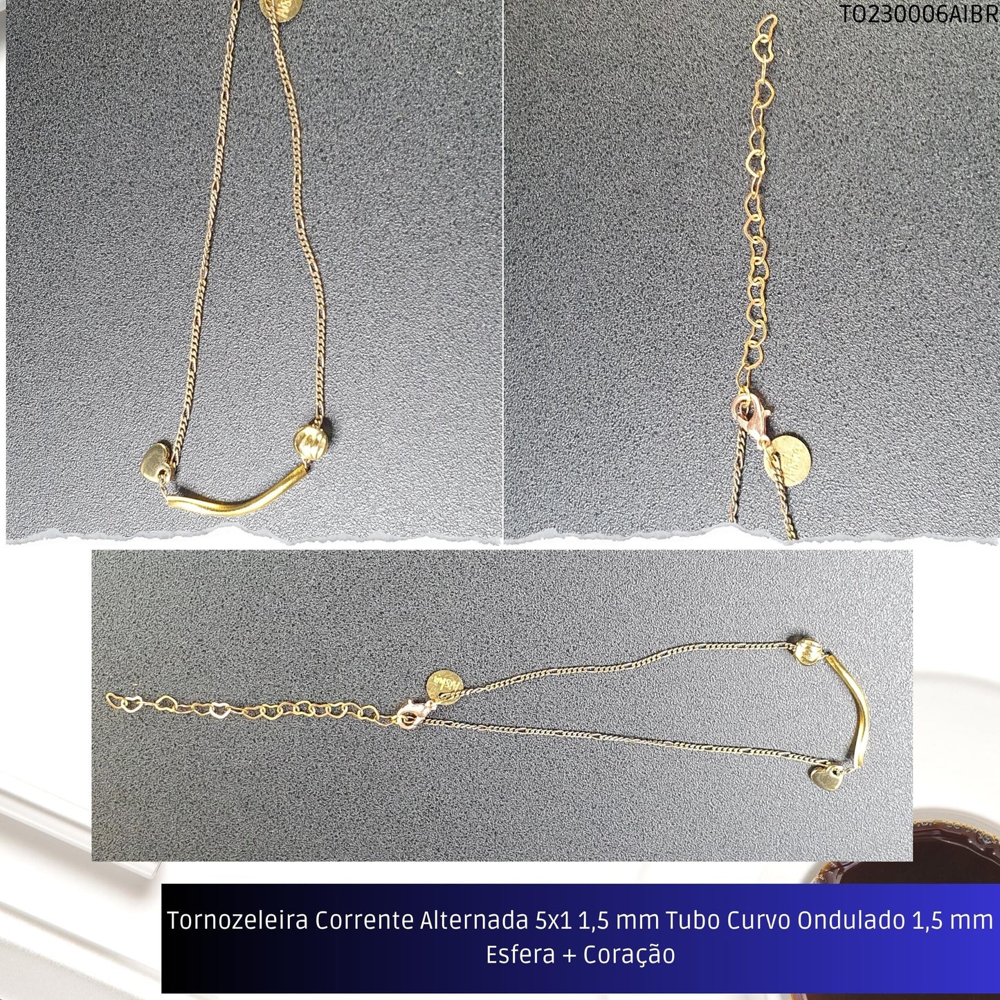 Tornozeleira Corrente Alternada 5x1 1.5 mm Tubo Curvo Ondulado 1.5 mm Esfera + Coração  - Código.: TO230006AIBR  - Peso.: 2.6 gr