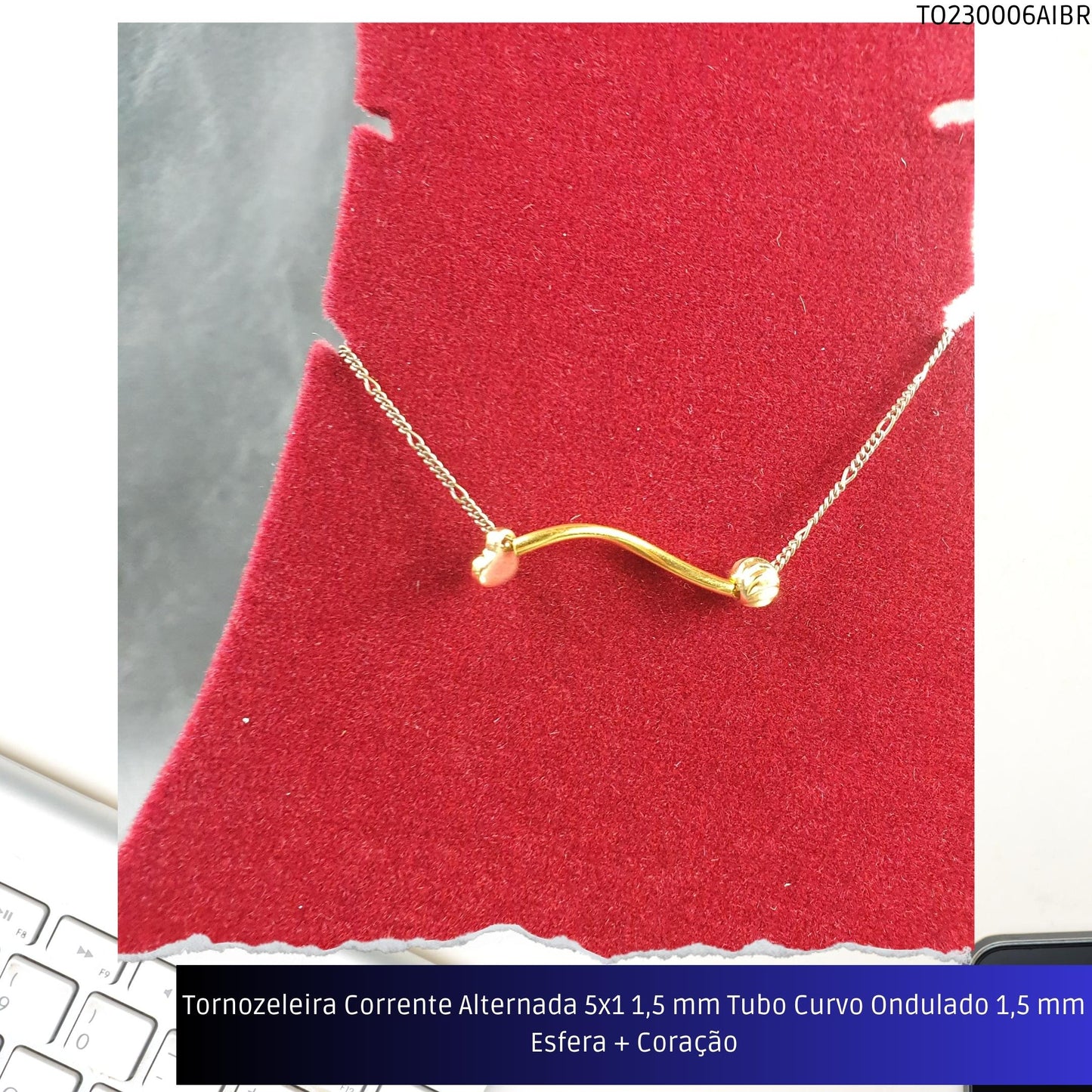 Tornozeleira Corrente Alternada 5x1 1.5 mm Tubo Curvo Ondulado 1.5 mm Esfera + Coração  - Código.: TO230006AIBR  - Peso.: 2.6 gr