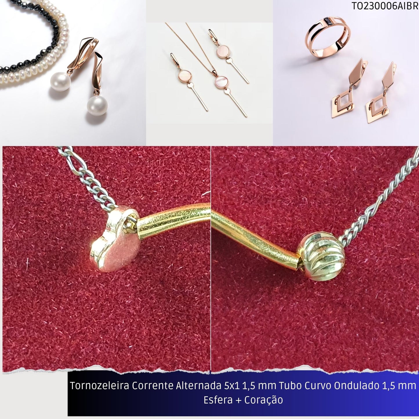 Tornozeleira Corrente Alternada 5x1 1.5 mm Tubo Curvo Ondulado 1.5 mm Esfera + Coração  - Código.: TO230006AIBR  - Peso.: 2.6 gr