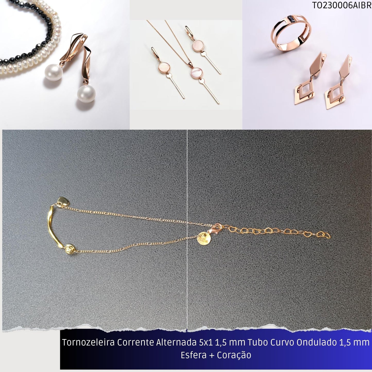 Tornozeleira Corrente Alternada 5x1 1.5 mm Tubo Curvo Ondulado 1.5 mm Esfera + Coração  - Código.: TO230006AIBR  - Peso.: 2.6 gr