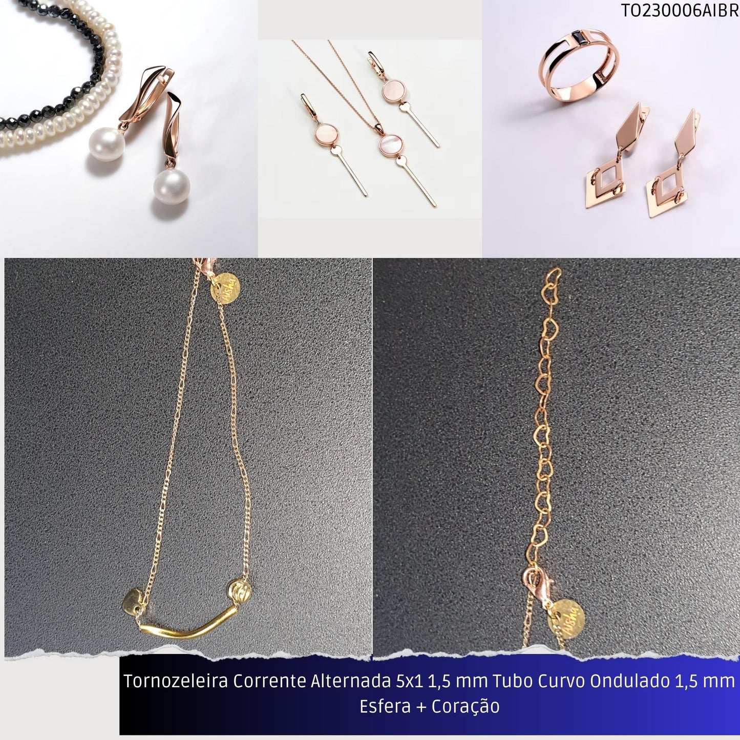Tornozeleira Corrente Alternada 5x1 1.5 mm Tubo Curvo Ondulado 1.5 mm Esfera + Coração  - Código.: TO230006AIBR  - Peso.: 2.6 gr