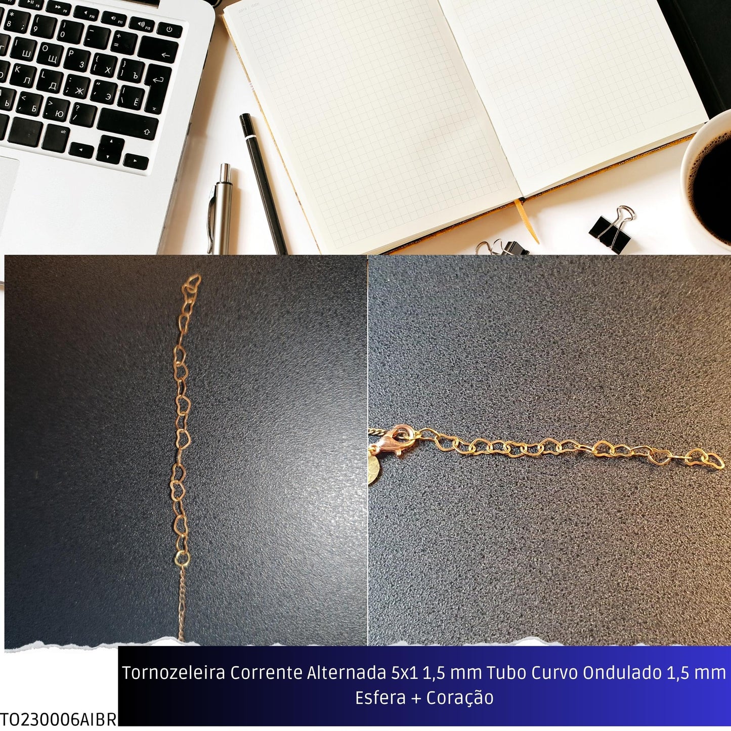 Tornozeleira Corrente Alternada 5x1 1.5 mm Tubo Curvo Ondulado 1.5 mm Esfera + Coração  - Código.: TO230006AIBR  - Peso.: 2.6 gr
