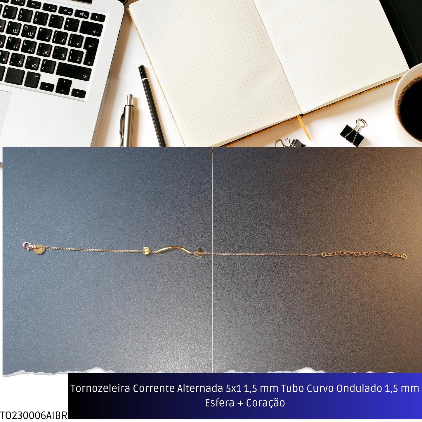Tornozeleira Corrente Alternada 5x1 1.5 mm Tubo Curvo Ondulado 1.5 mm Esfera + Coração  - Código.: TO230006AIBR  - Peso.: 2.6 gr