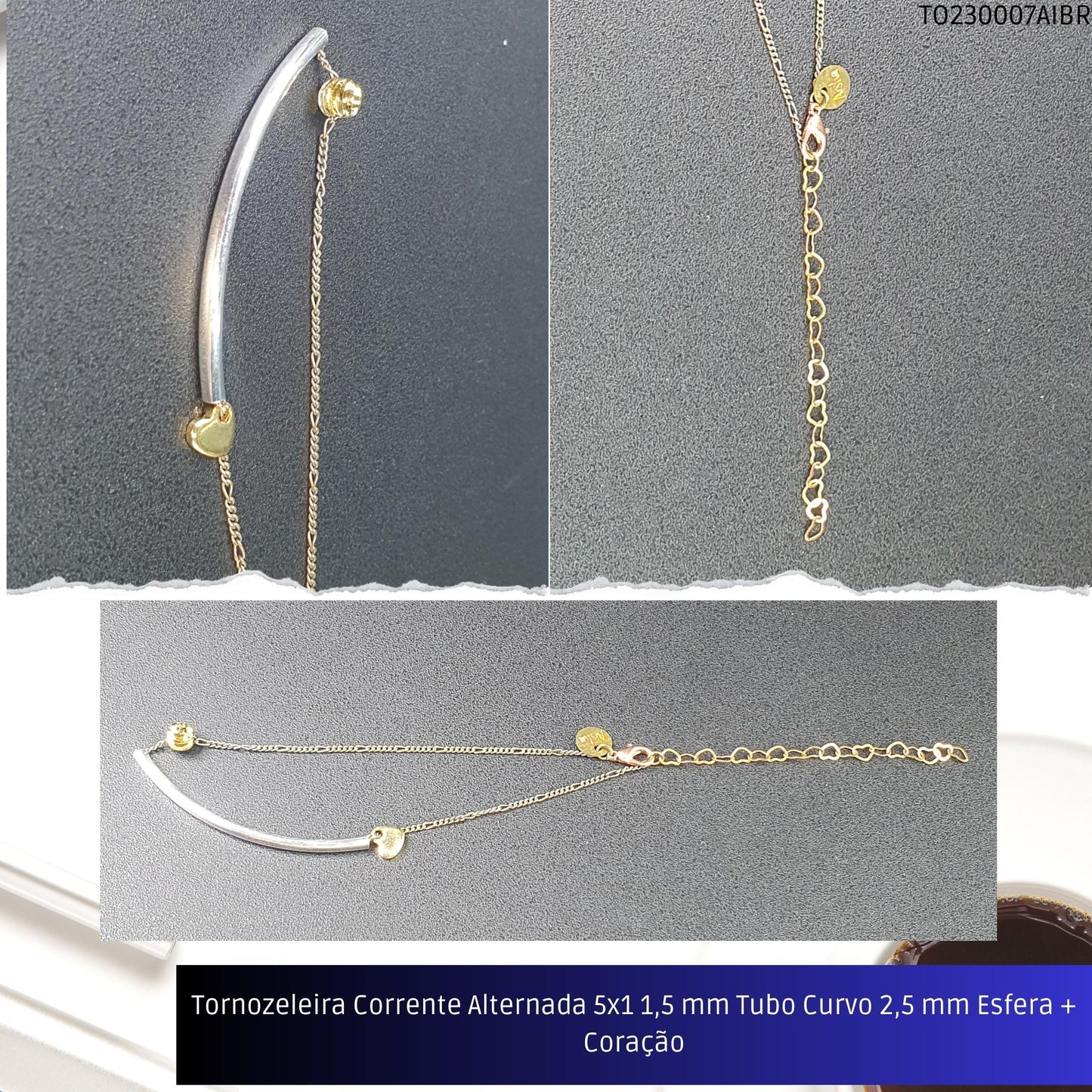 Tornozeleira Corrente Alternada 5x1 1.5 mm Tubo Curvo 2.5 mm Esfera + Coração  - Código.: TO230007AIBR  - Peso.: 2.8 gr