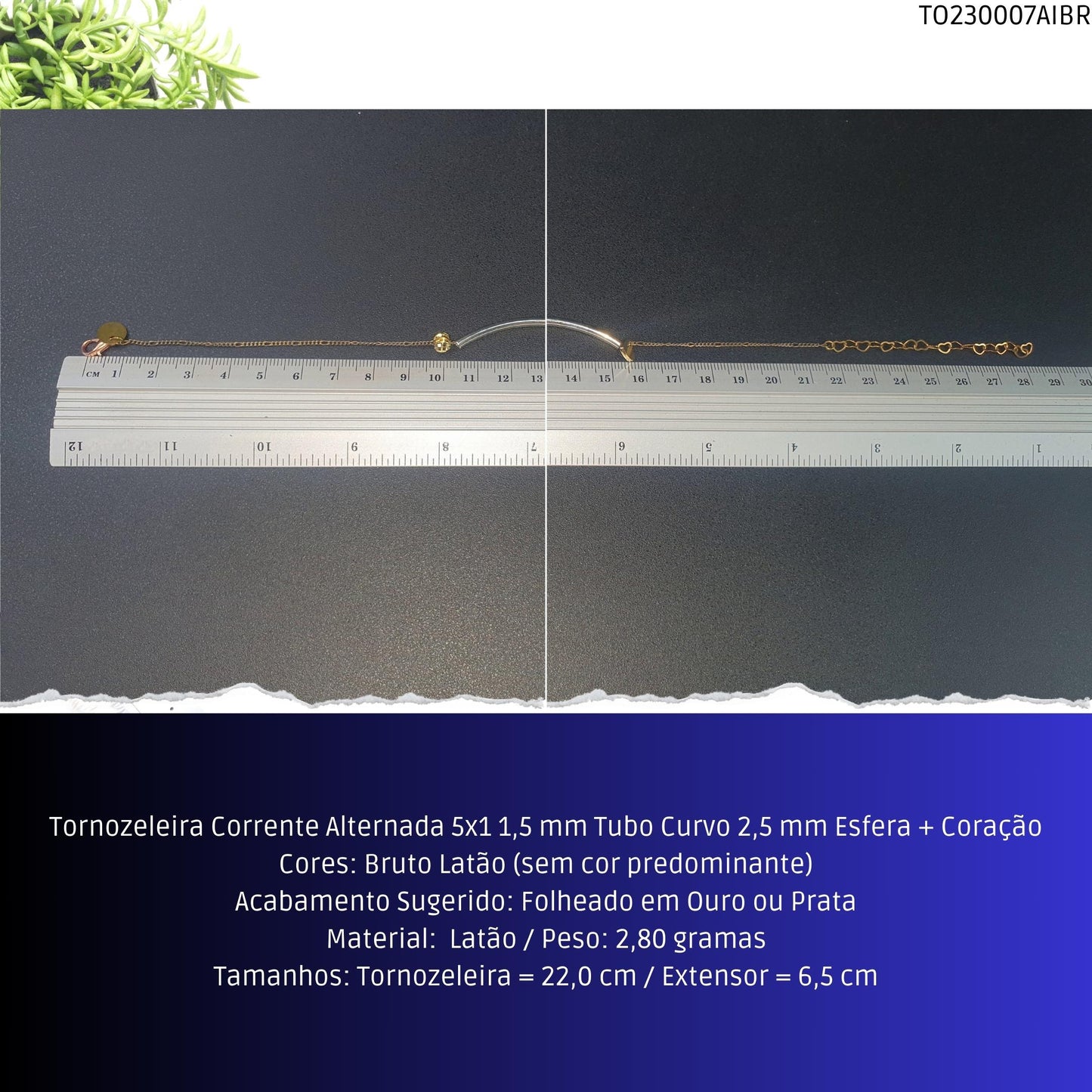 Tornozeleira Corrente Alternada 5x1 1.5 mm Tubo Curvo 2.5 mm Esfera + Coração  - Código.: TO230007AIBR  - Peso.: 2.8 gr