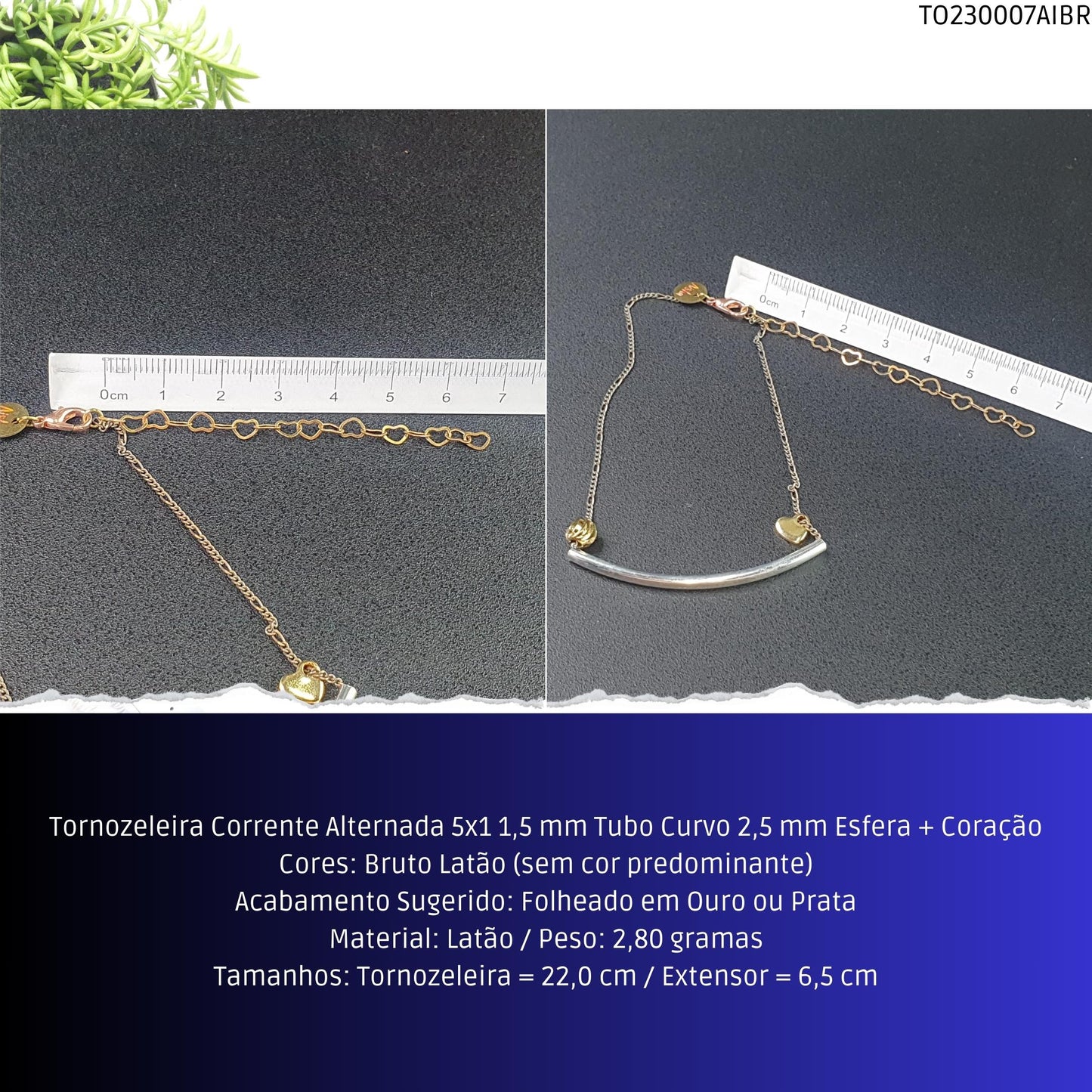 Tornozeleira Corrente Alternada 5x1 1.5 mm Tubo Curvo 2.5 mm Esfera + Coração  - Código.: TO230007AIBR  - Peso.: 2.8 gr