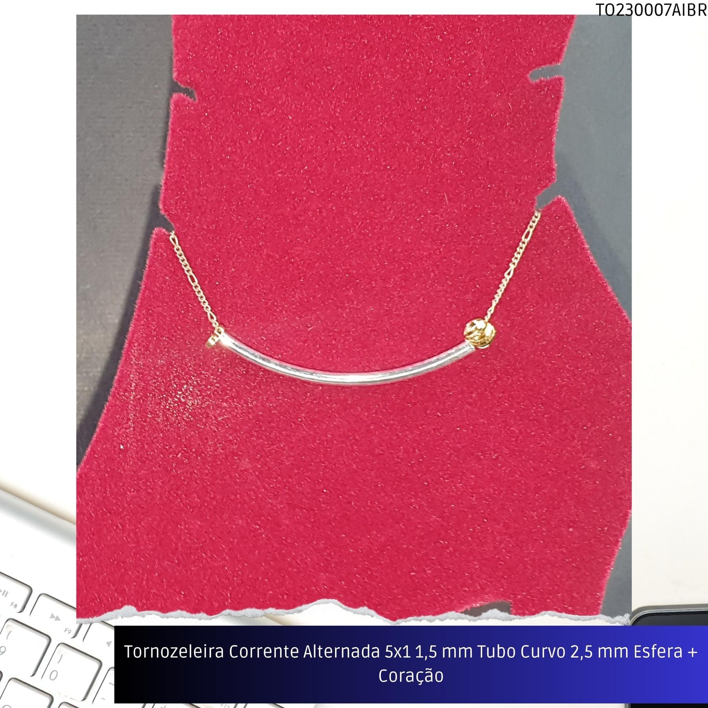 Tornozeleira Corrente Alternada 5x1 1.5 mm Tubo Curvo 2.5 mm Esfera + Coração  - Código.: TO230007AIBR  - Peso.: 2.8 gr