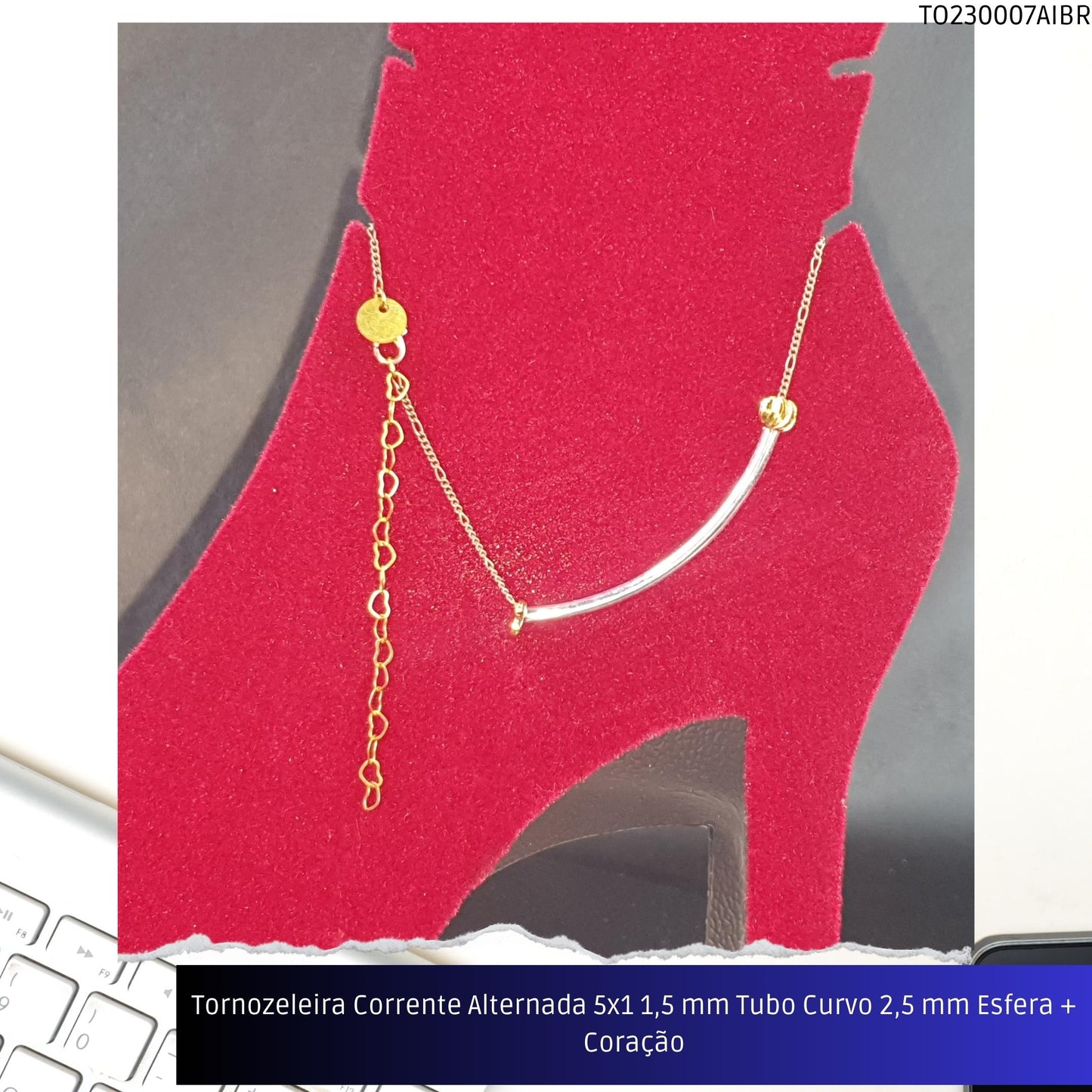 Tornozeleira Corrente Alternada 5x1 1.5 mm Tubo Curvo 2.5 mm Esfera + Coração  - Código.: TO230007AIBR  - Peso.: 2.8 gr