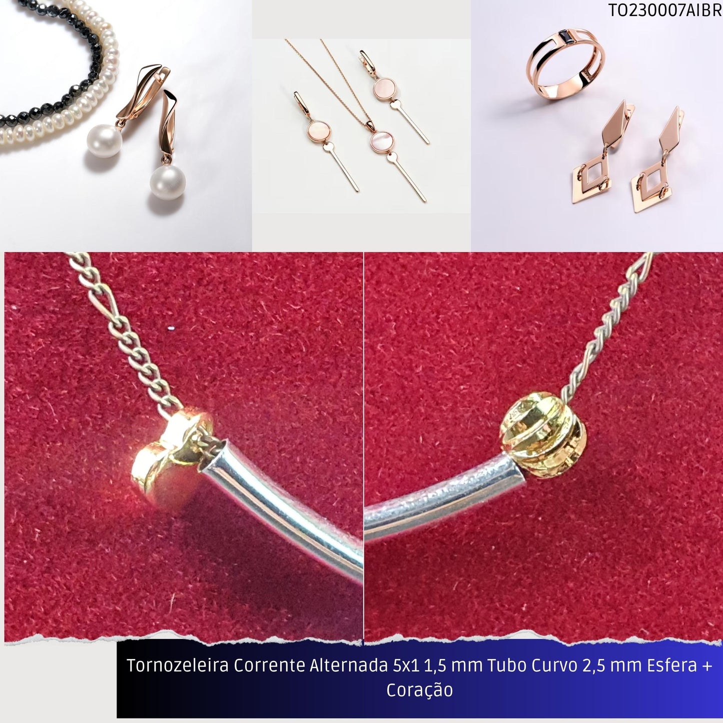 Tornozeleira Corrente Alternada 5x1 1.5 mm Tubo Curvo 2.5 mm Esfera + Coração  - Código.: TO230007AIBR  - Peso.: 2.8 gr