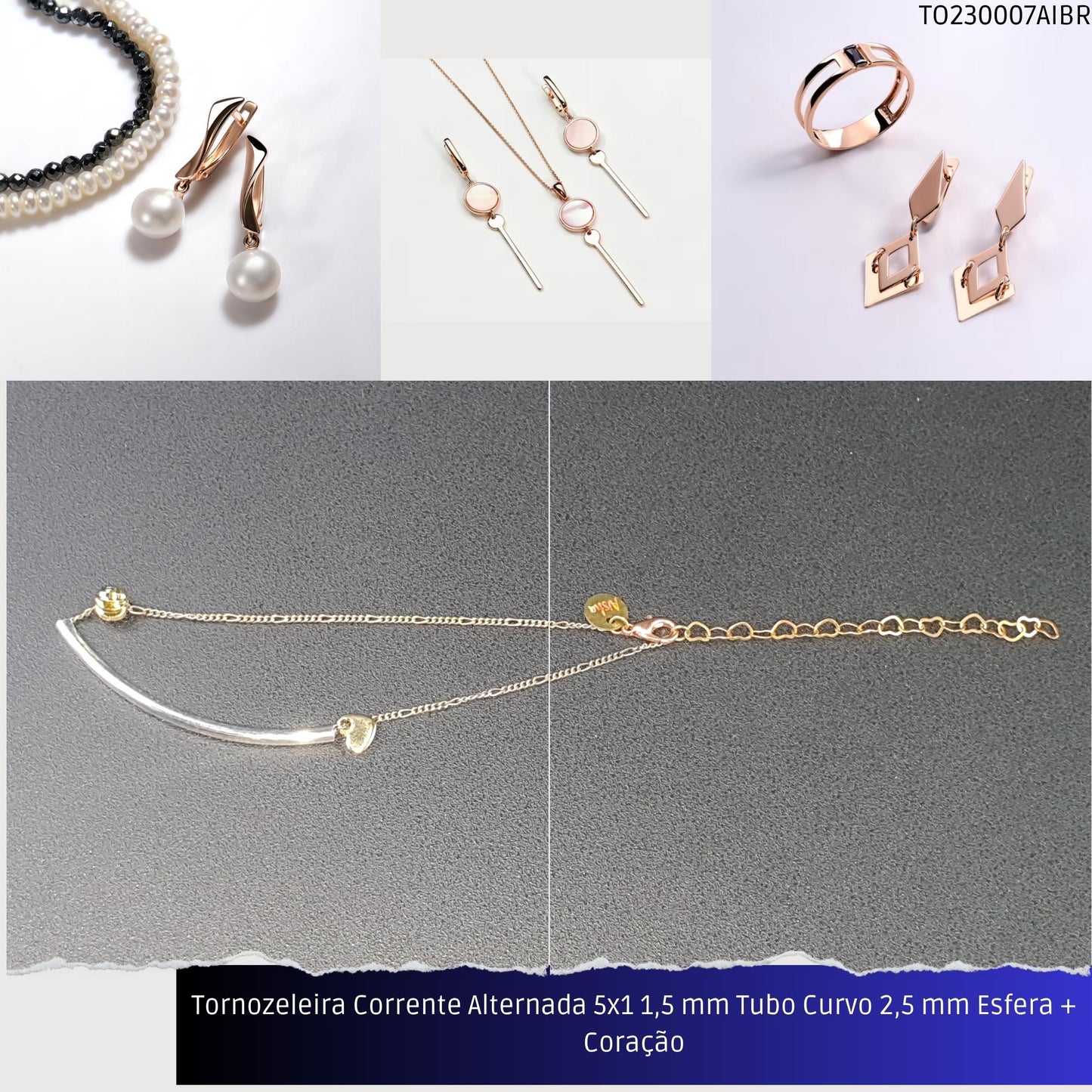 Tornozeleira Corrente Alternada 5x1 1.5 mm Tubo Curvo 2.5 mm Esfera + Coração  - Código.: TO230007AIBR  - Peso.: 2.8 gr