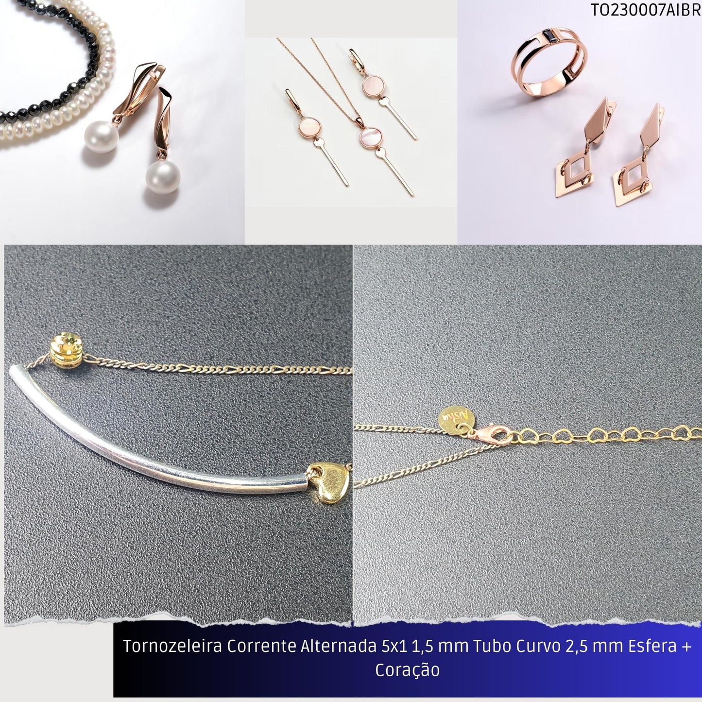 Tornozeleira Corrente Alternada 5x1 1.5 mm Tubo Curvo 2.5 mm Esfera + Coração  - Código.: TO230007AIBR  - Peso.: 2.8 gr