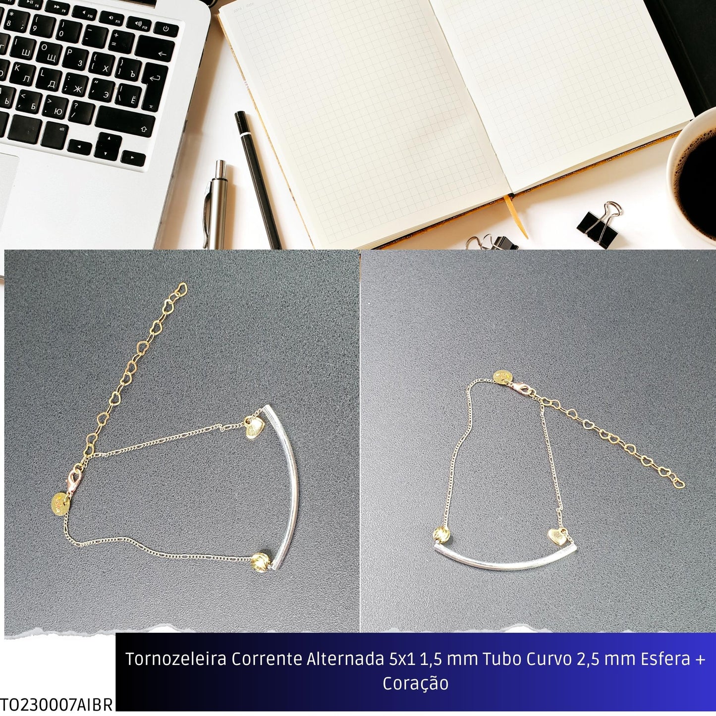Tornozeleira Corrente Alternada 5x1 1.5 mm Tubo Curvo 2.5 mm Esfera + Coração  - Código.: TO230007AIBR  - Peso.: 2.8 gr