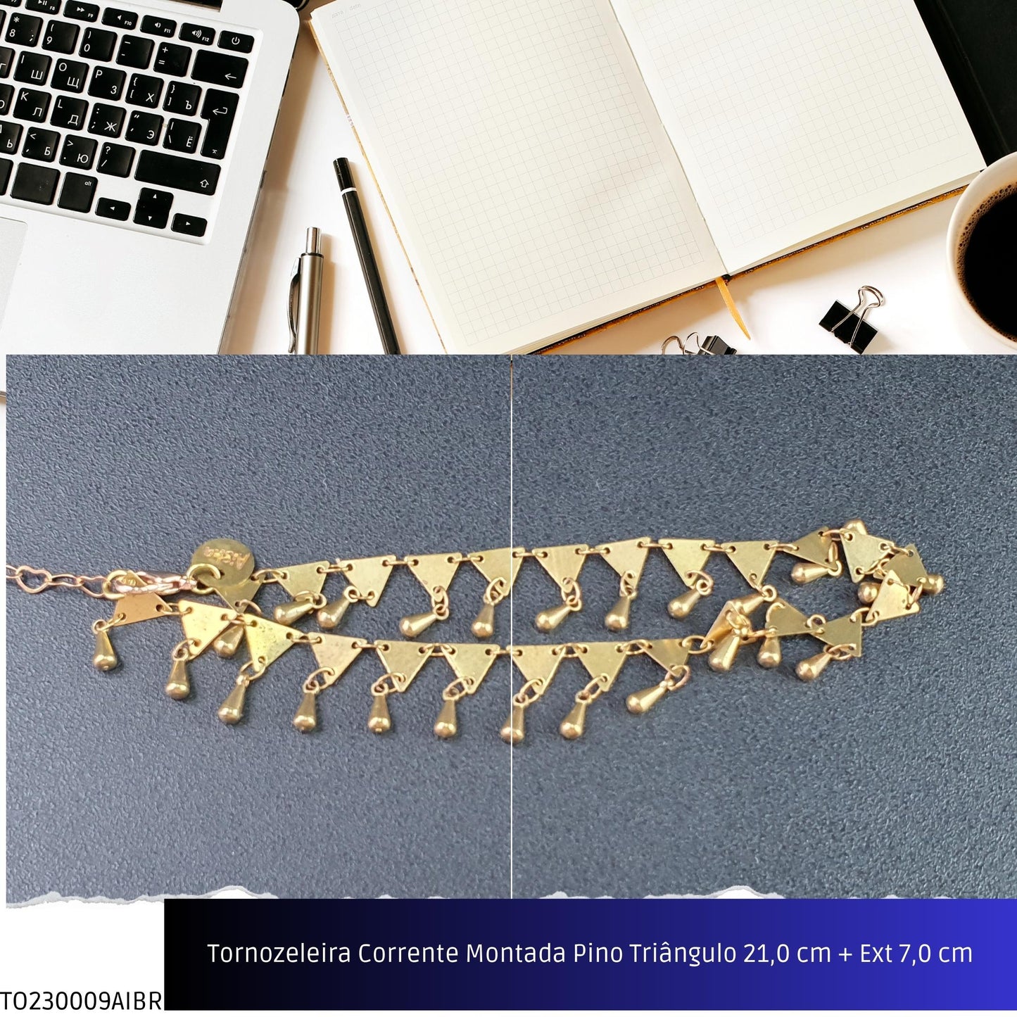 Tornozeleira Corrente Montada Pino Triângulo 21.0 cm + Ext 7.0 cm  - Código.: TO230009AIBR  - Peso.: 6.7 gr