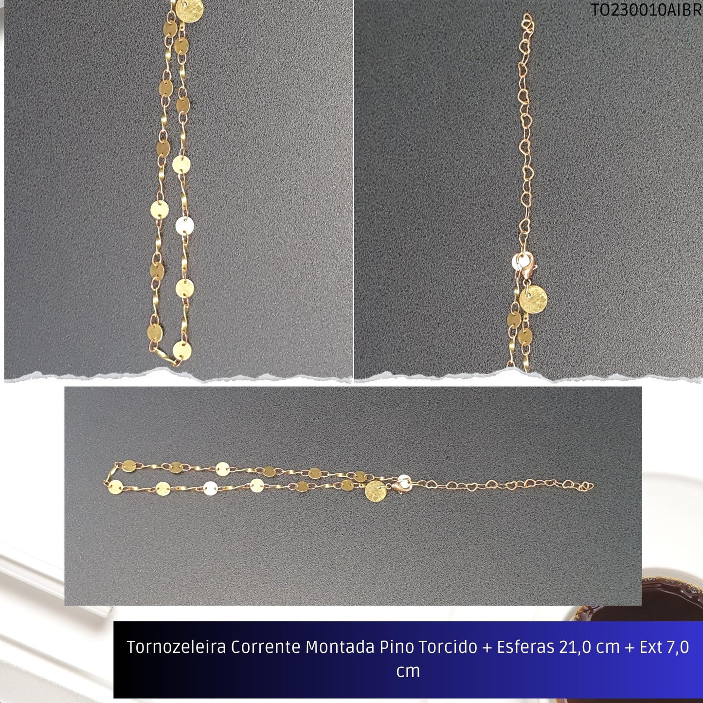 Tornozeleira Corrente Montada Pino Torcido + Esferas 21.0 cm + Ext 7.0 cm  - Código.: TO230010AIBR  - Peso.: 2.0 gr