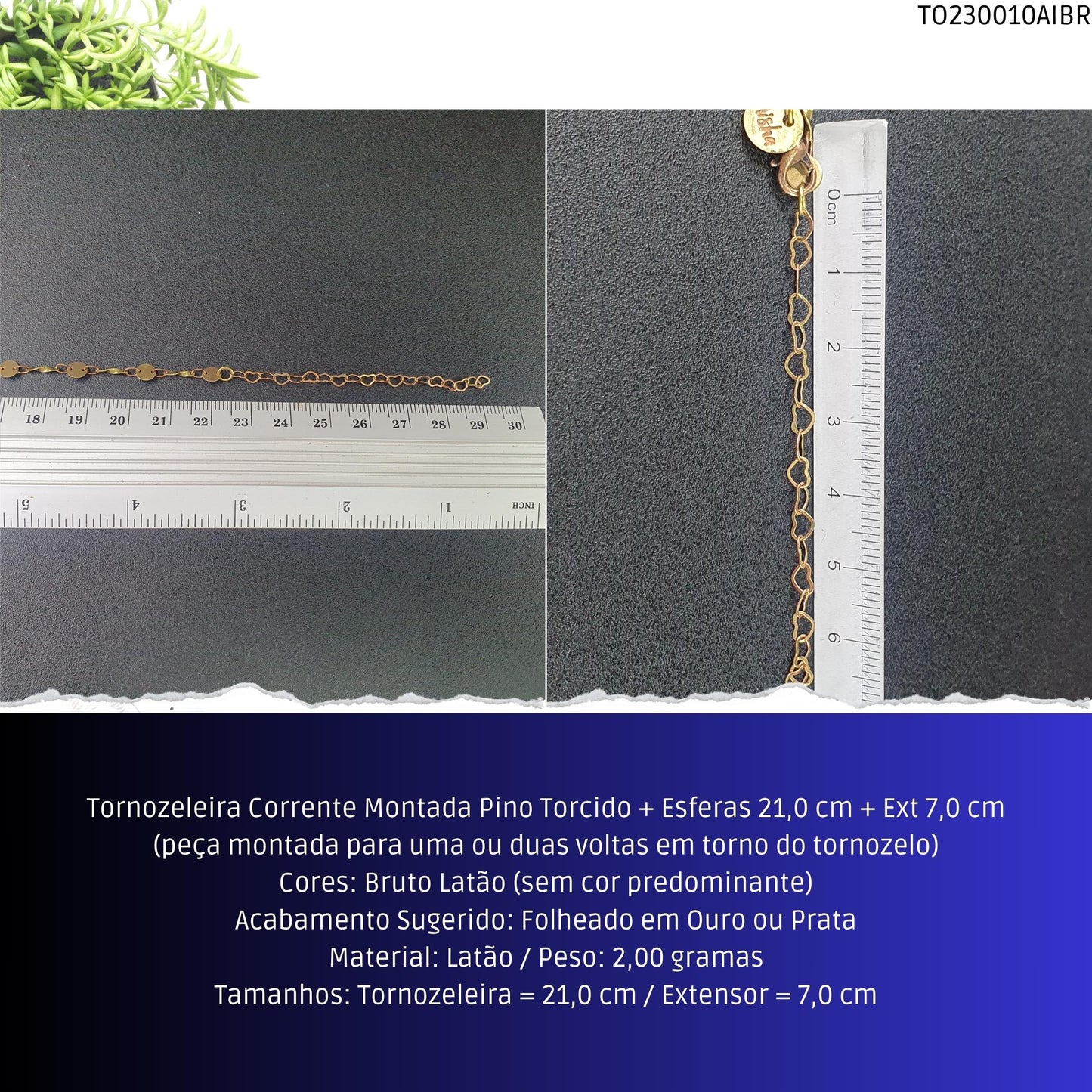 Tornozeleira Corrente Montada Pino Torcido + Esferas 21.0 cm + Ext 7.0 cm  - Código.: TO230010AIBR  - Peso.: 2.0 gr