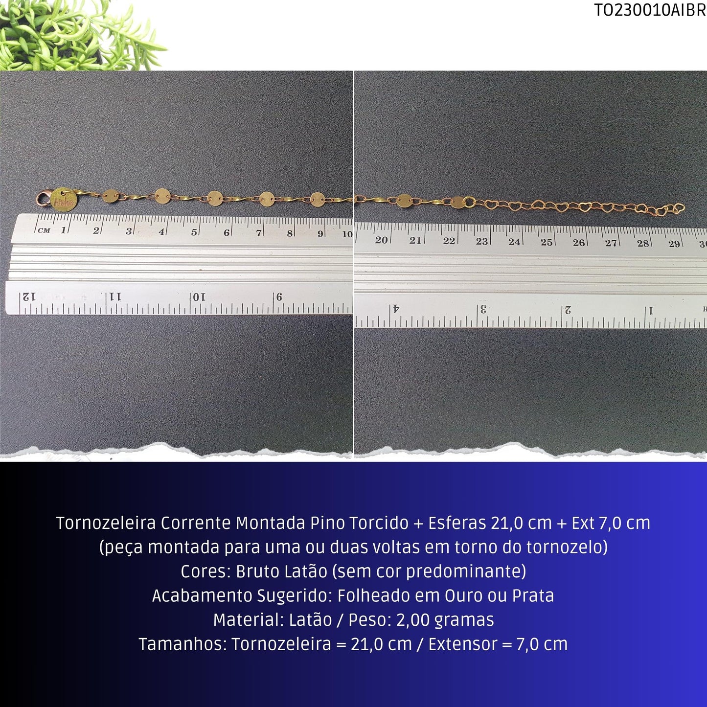 Tornozeleira Corrente Montada Pino Torcido + Esferas 21.0 cm + Ext 7.0 cm  - Código.: TO230010AIBR  - Peso.: 2.0 gr
