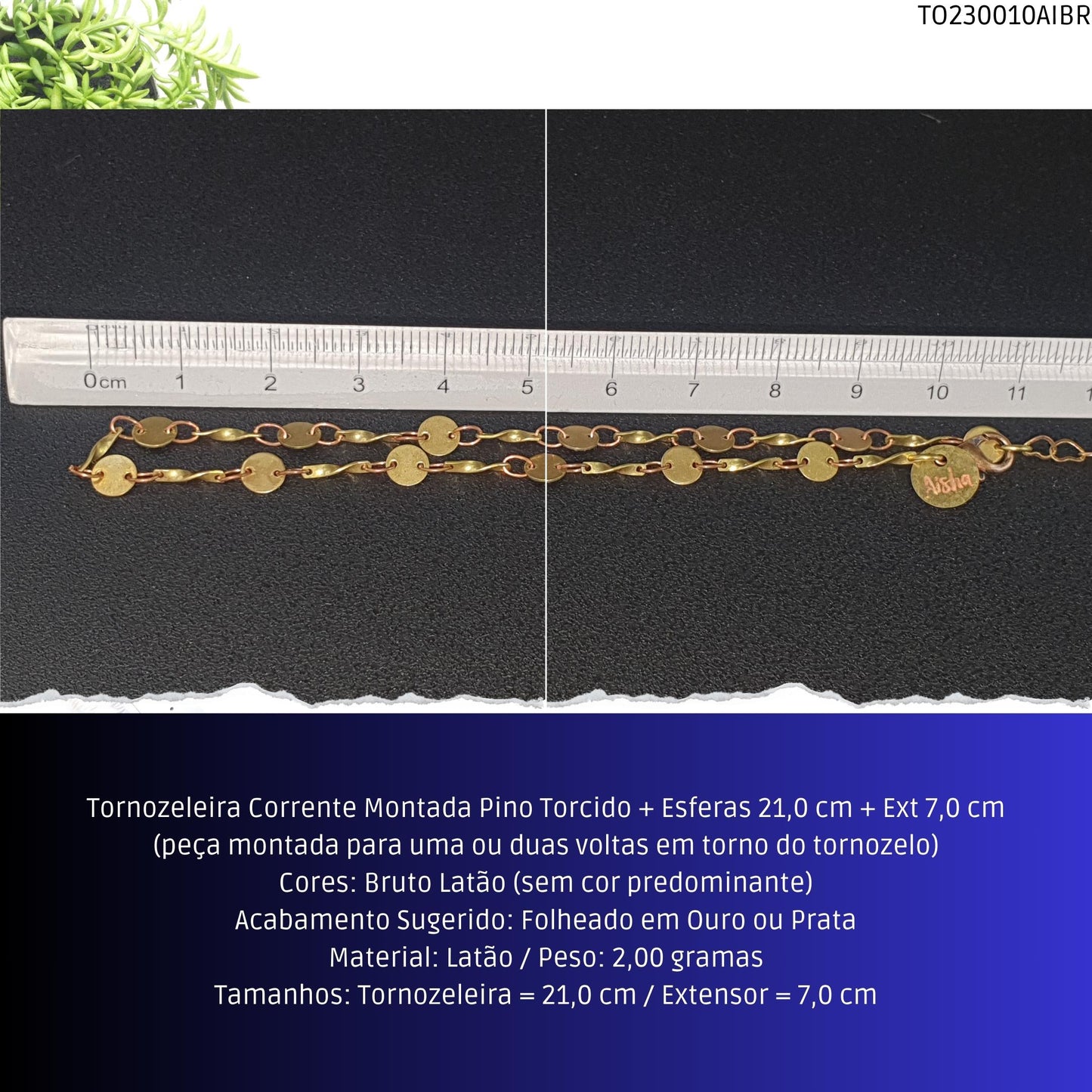 Tornozeleira Corrente Montada Pino Torcido + Esferas 21.0 cm + Ext 7.0 cm  - Código.: TO230010AIBR  - Peso.: 2.0 gr