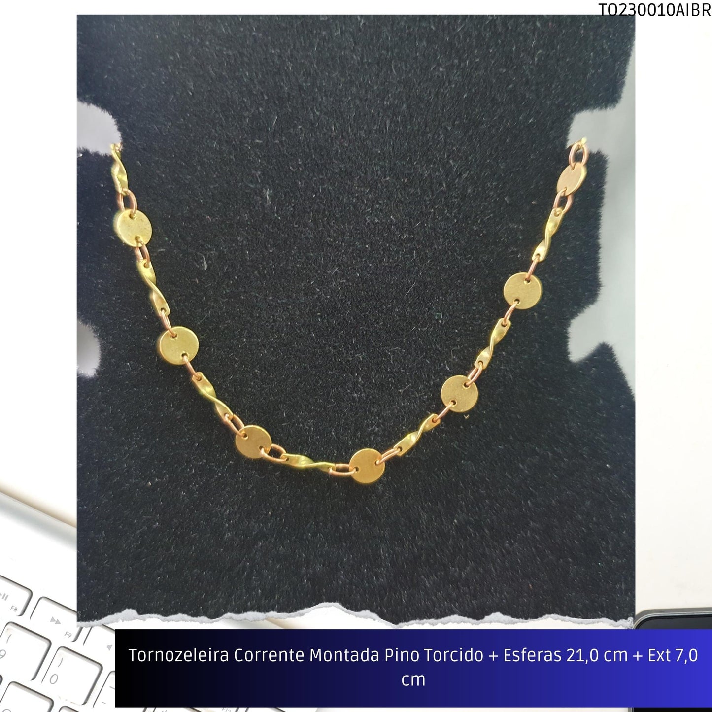 Tornozeleira Corrente Montada Pino Torcido + Esferas 21.0 cm + Ext 7.0 cm  - Código.: TO230010AIBR  - Peso.: 2.0 gr