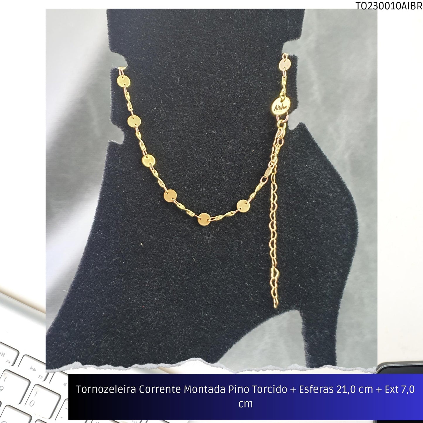 Tornozeleira Corrente Montada Pino Torcido + Esferas 21.0 cm + Ext 7.0 cm  - Código.: TO230010AIBR  - Peso.: 2.0 gr