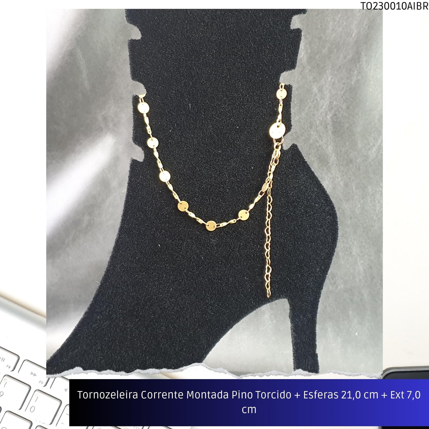 Tornozeleira Corrente Montada Pino Torcido + Esferas 21.0 cm + Ext 7.0 cm  - Código.: TO230010AIBR  - Peso.: 2.0 gr