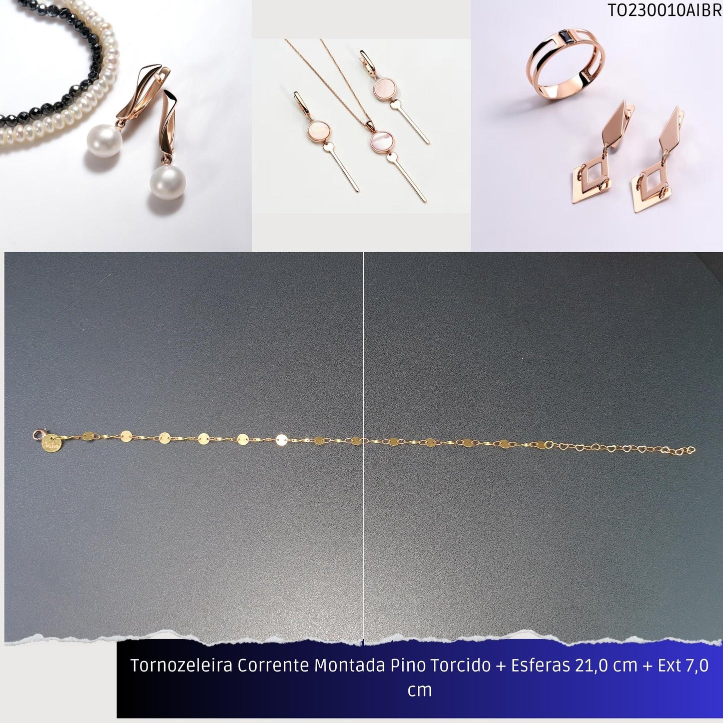 Tornozeleira Corrente Montada Pino Torcido + Esferas 21.0 cm + Ext 7.0 cm  - Código.: TO230010AIBR  - Peso.: 2.0 gr